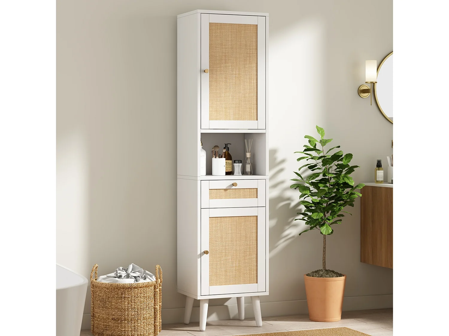 Badkamerkast met 2 rotan deuren en een lade - Wit 40 × 30 × 166 cm