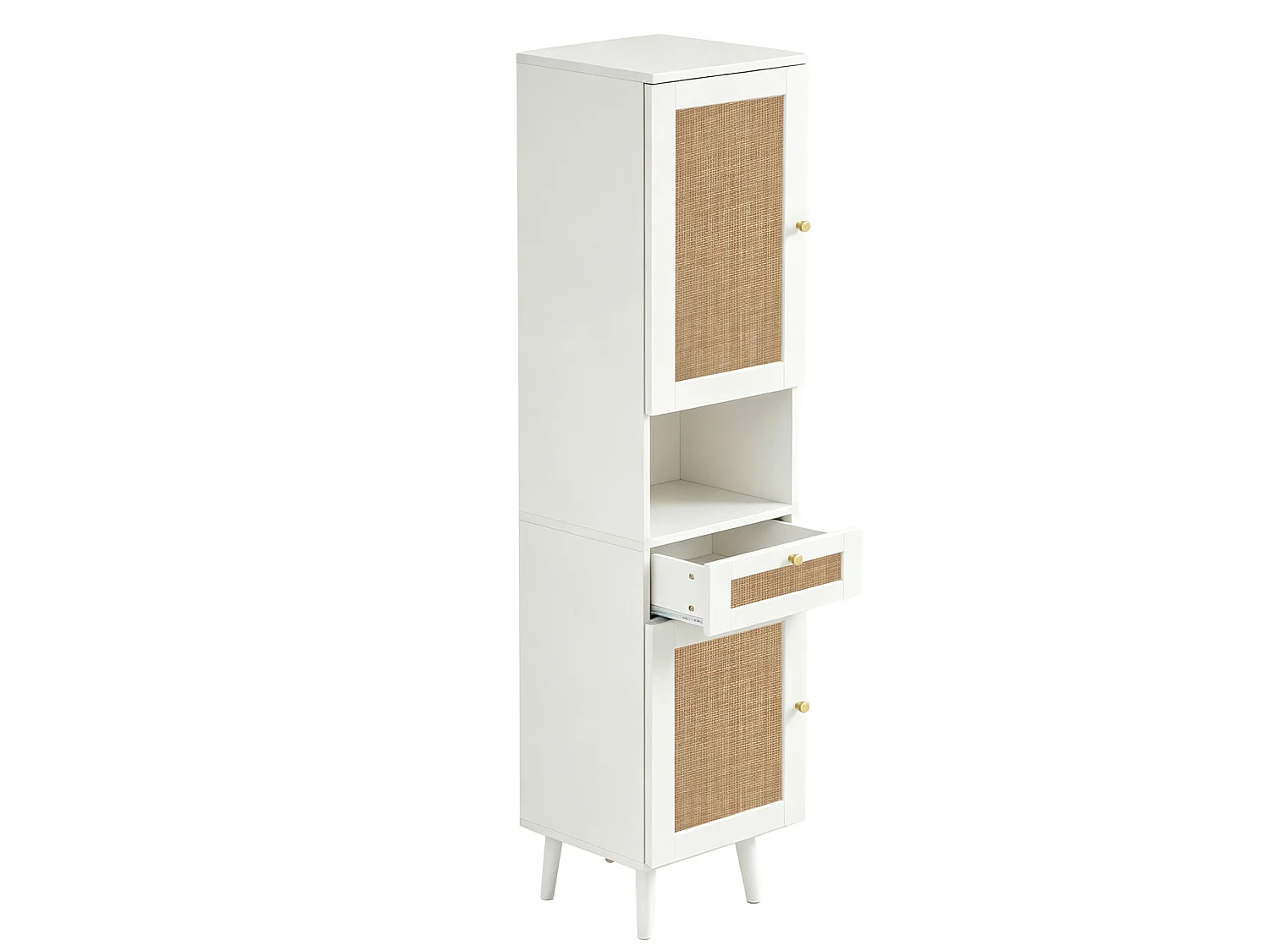Badkamerkast met 2 rotan deuren en een lade - Wit 40 × 30 × 166 cm