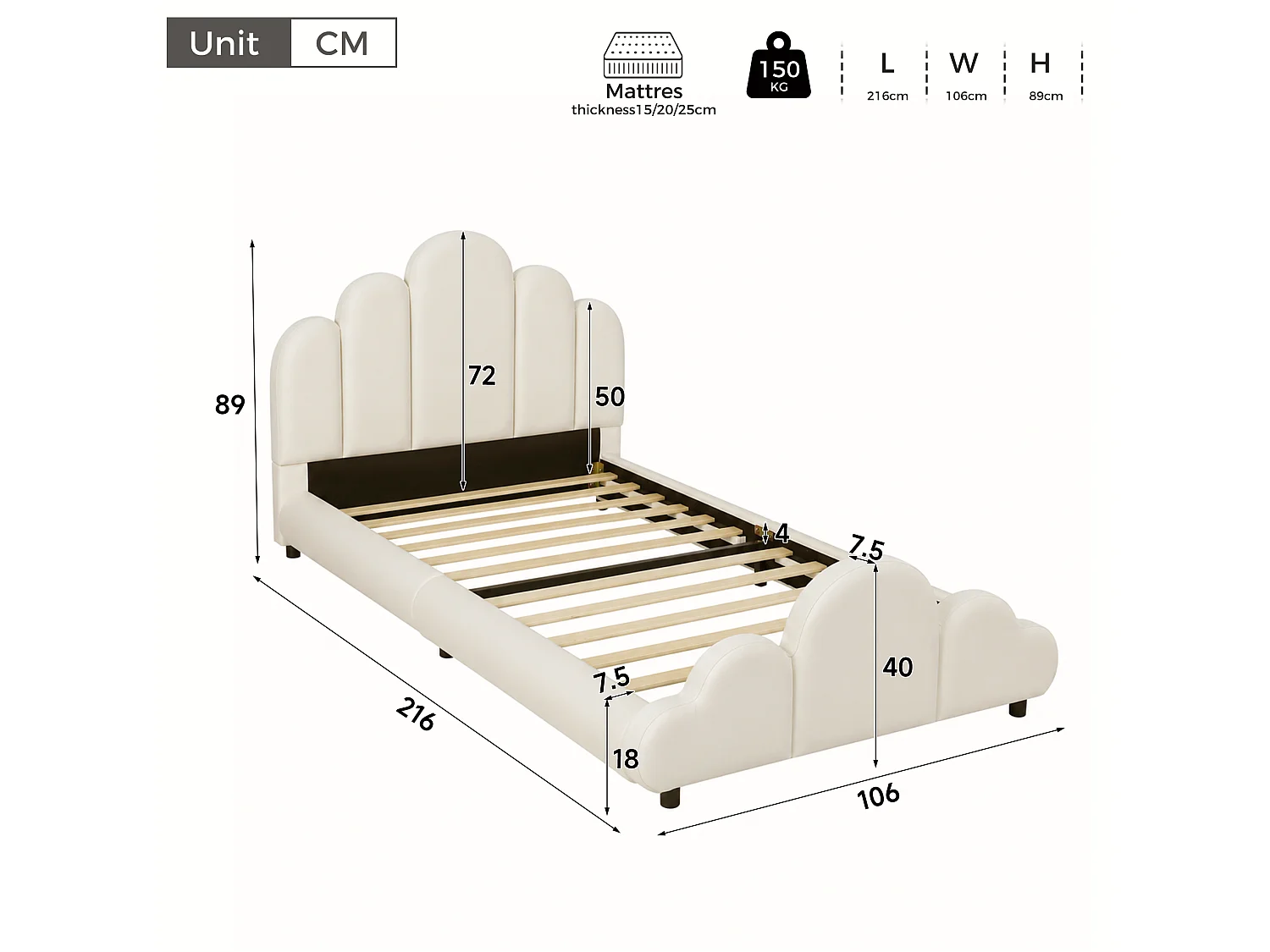 Lit enfant 90 x 200 cm en velours - Beige
