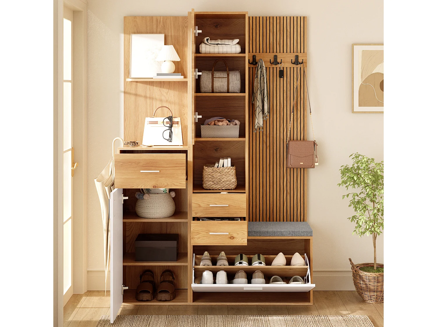 Vestiaire d'entrée avec porte-manteau, miroir et banc - Naturel clair et blanc
