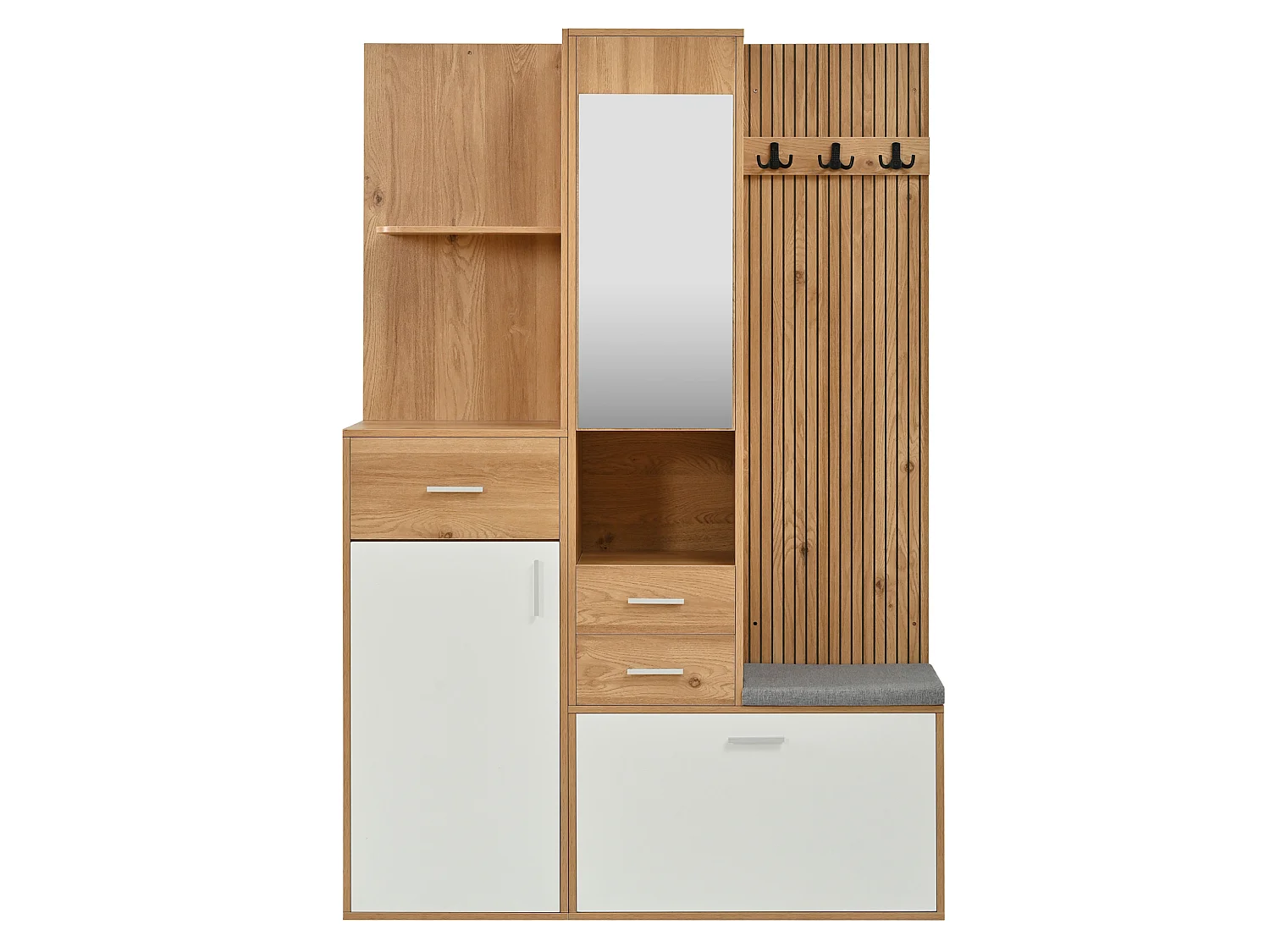 Vestiaire d'entrée avec porte-manteau, miroir et banc - Naturel clair et blanc