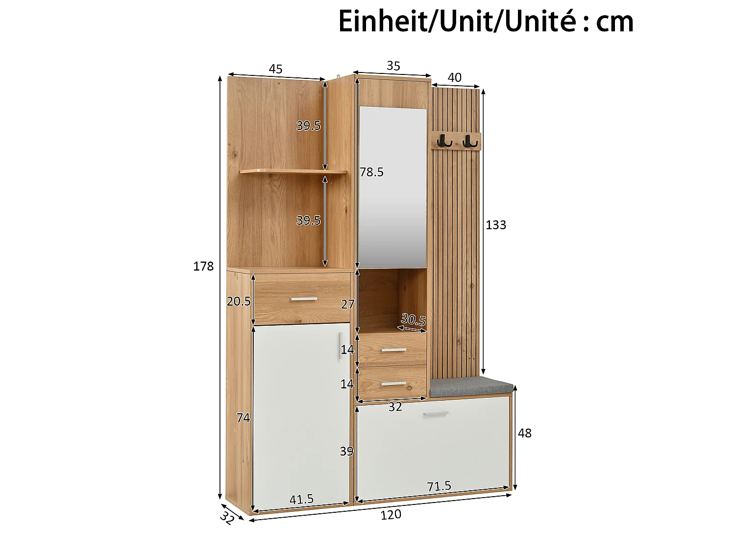 Vestiaire d'entrée avec porte-manteau, miroir et banc - Naturel clair et blanc