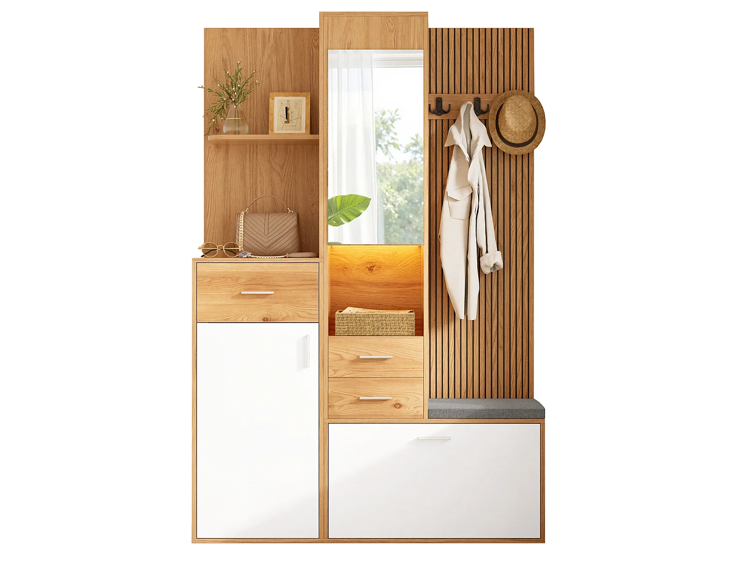 Vestiaire d'entrée avec porte-manteau, miroir et banc - Naturel clair et blanc
