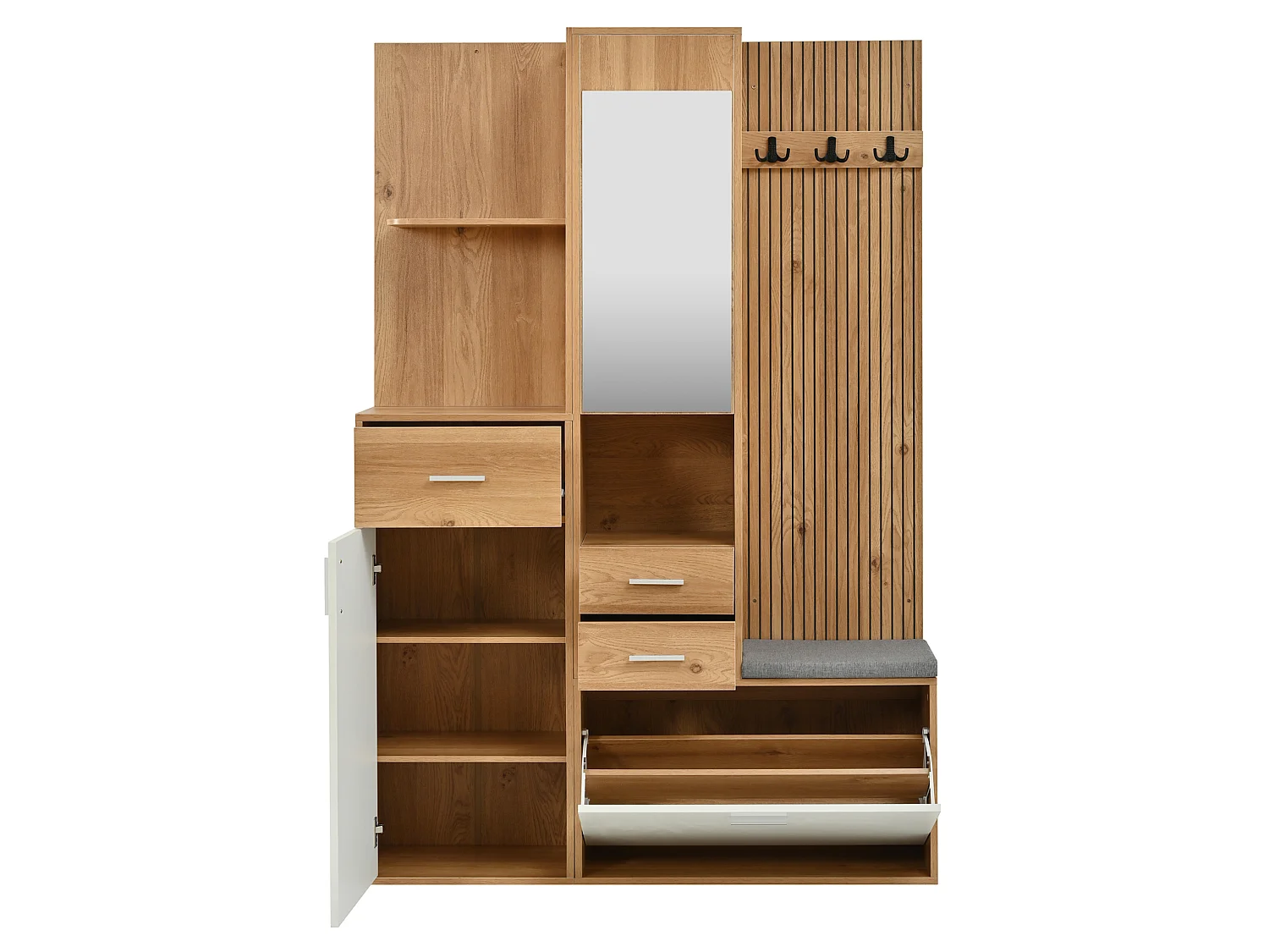 Vestiaire d'entrée avec porte-manteau, miroir et banc - Naturel clair et blanc