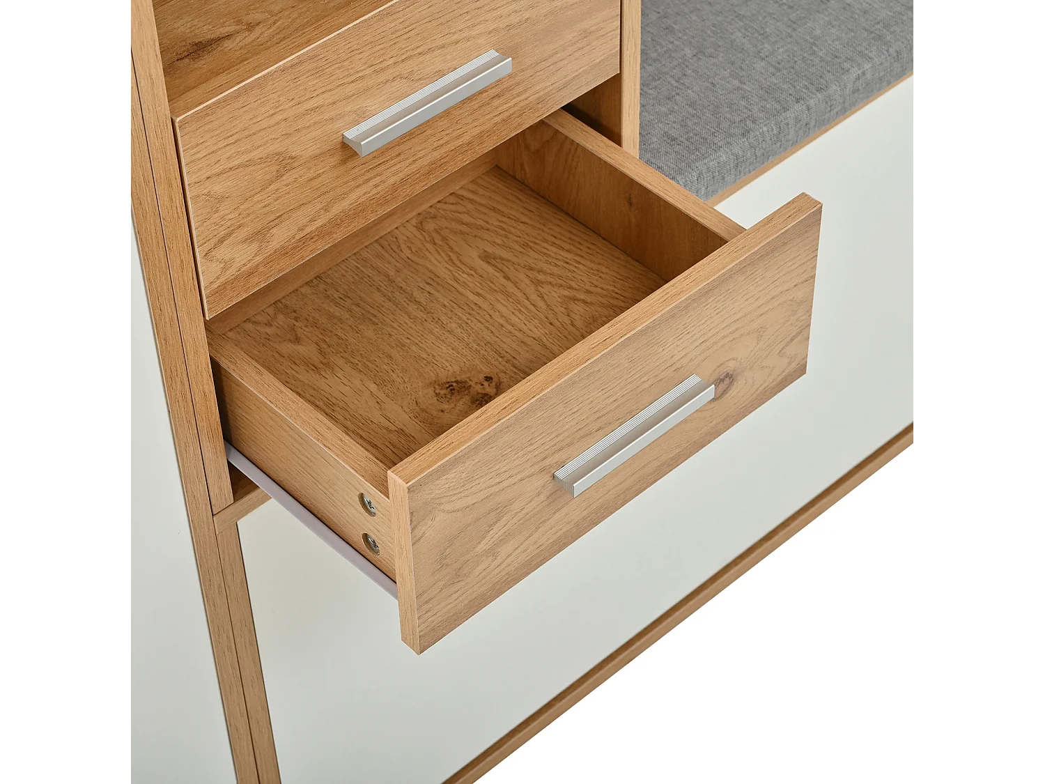 Vestiaire d'entrée avec porte-manteau, miroir et banc - Naturel clair et blanc
