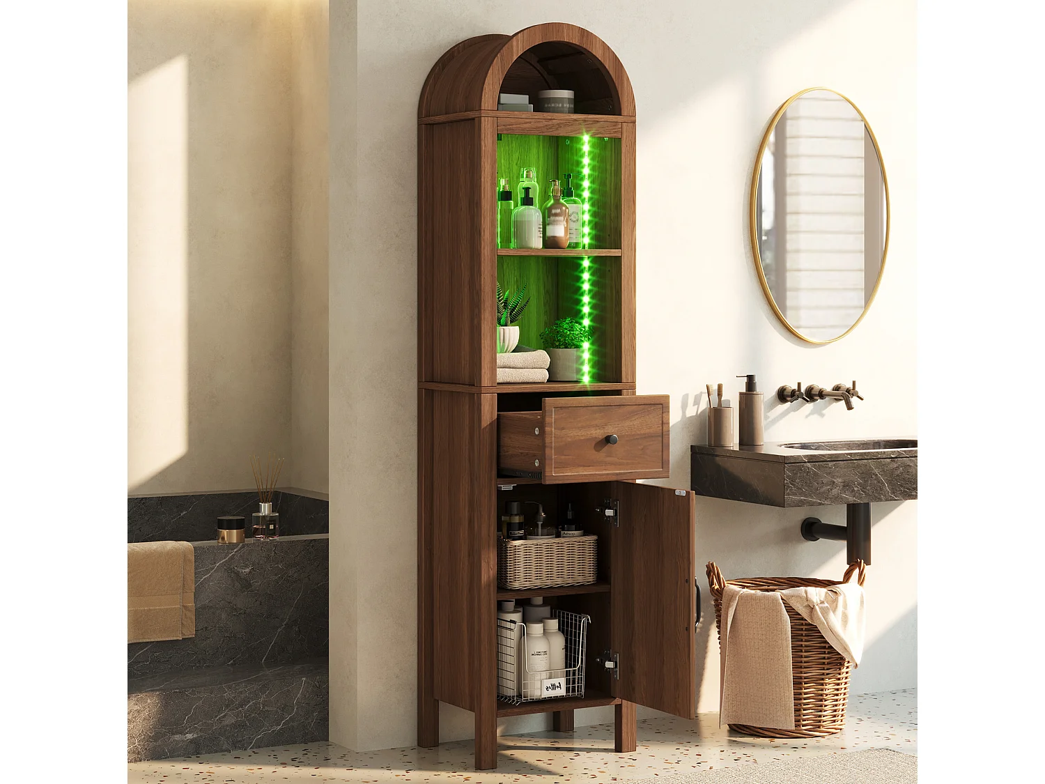 Colonne salle de bain sur pied de 163 cm avec éclairage LED - Marron