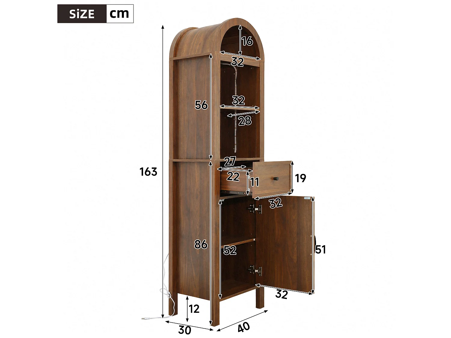 Colonne salle de bain sur pied de 163 cm avec éclairage LED - Marron