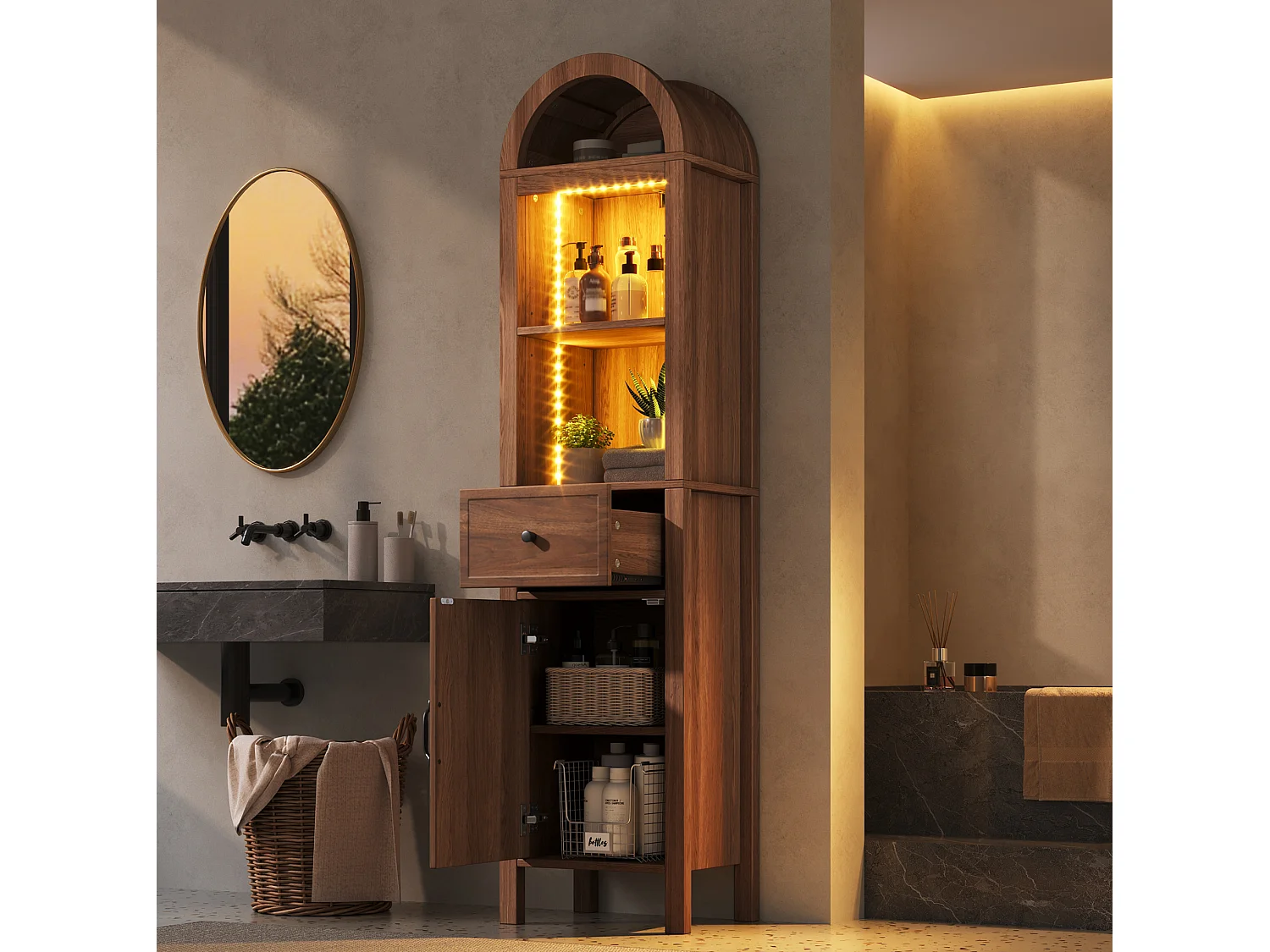 Colonne salle de bain sur pied de 163 cm avec éclairage LED - Marron