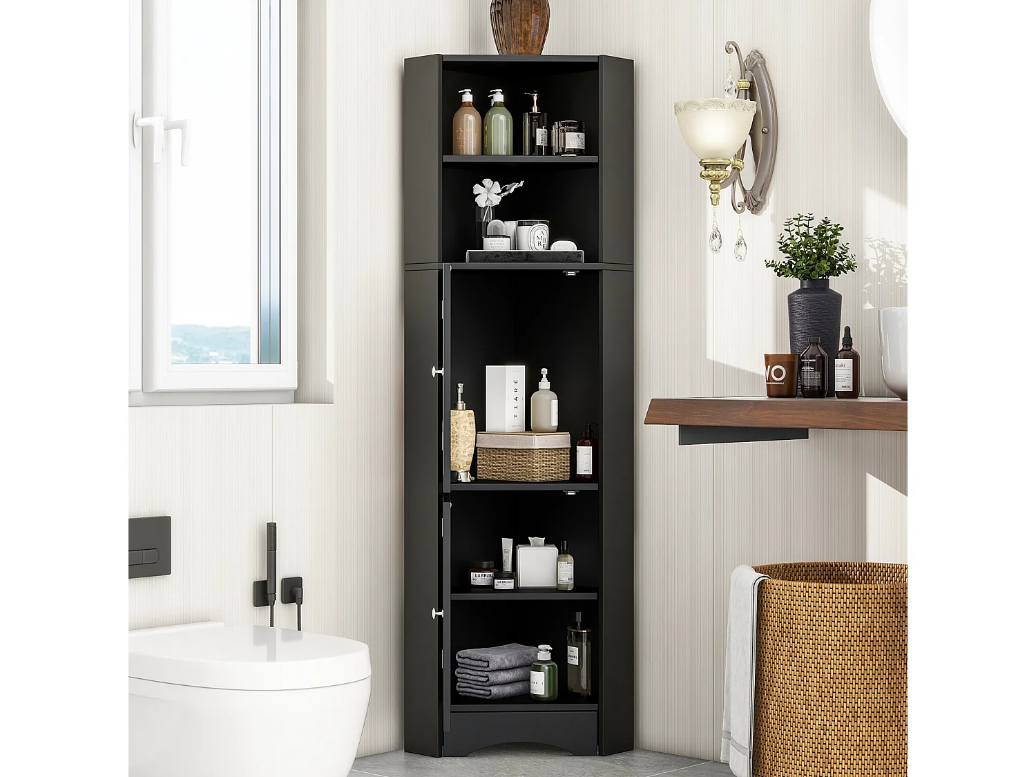 Colonne salle de bain d'angle avec étagère réglable - Noir