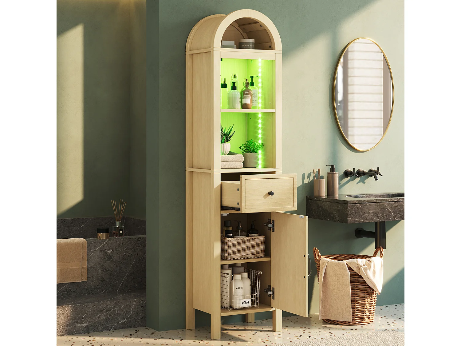 Colonne salle de bain sur pied de 163 cm avec éclairage LED - Naturel clair