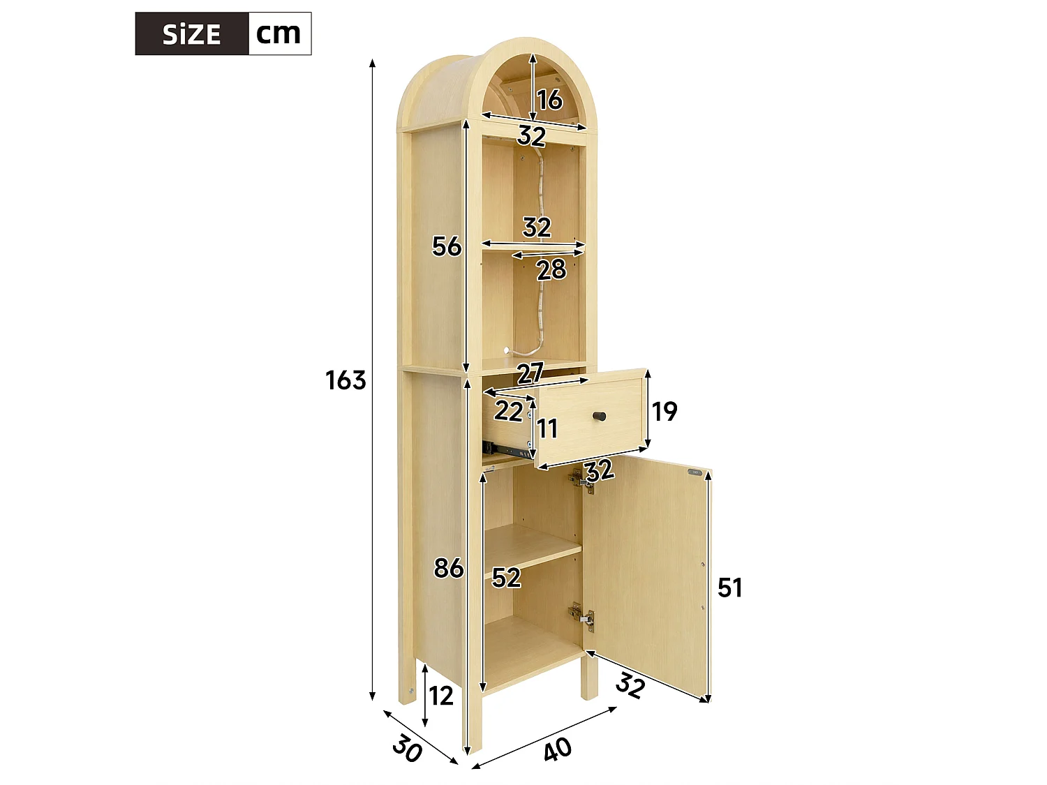Colonne salle de bain sur pied de 163 cm avec éclairage LED - Naturel clair