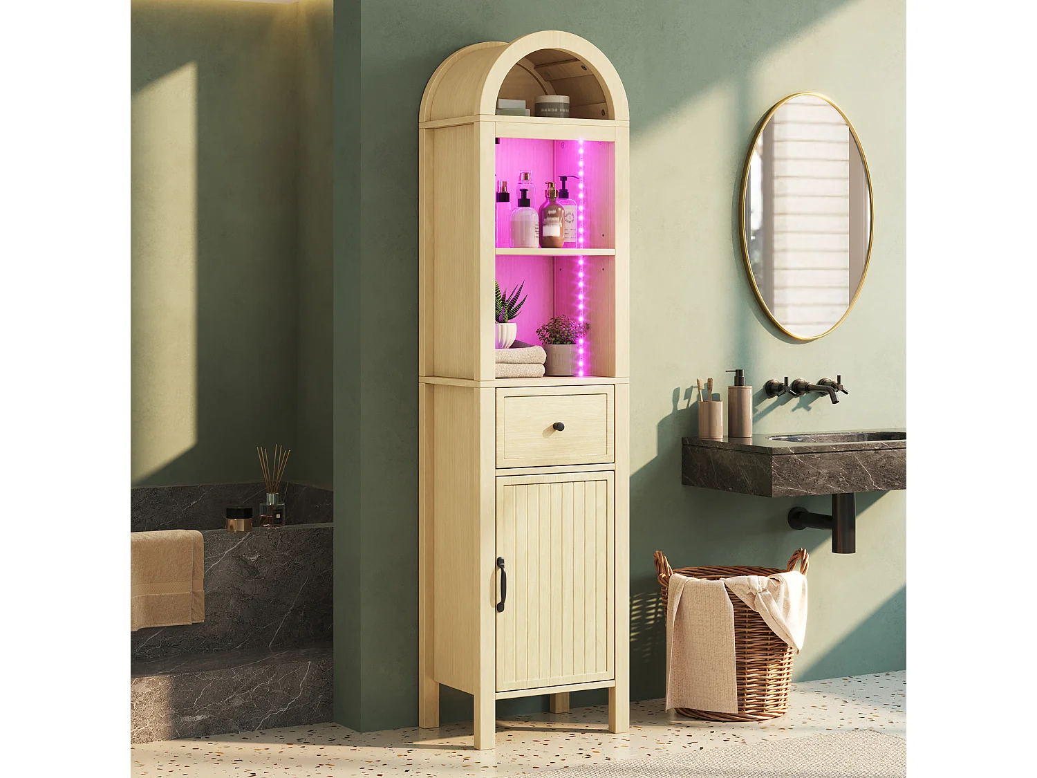 Colonne salle de bain sur pied de 163 cm avec éclairage LED - Naturel clair