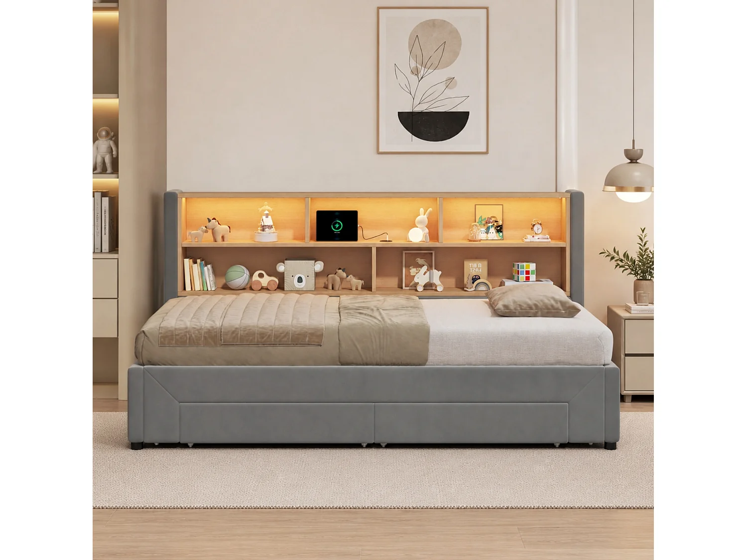 Lit banquette 90 x 200 cm extensible 180 cm - Avec 2 tiroirs et port USB - Velours gris