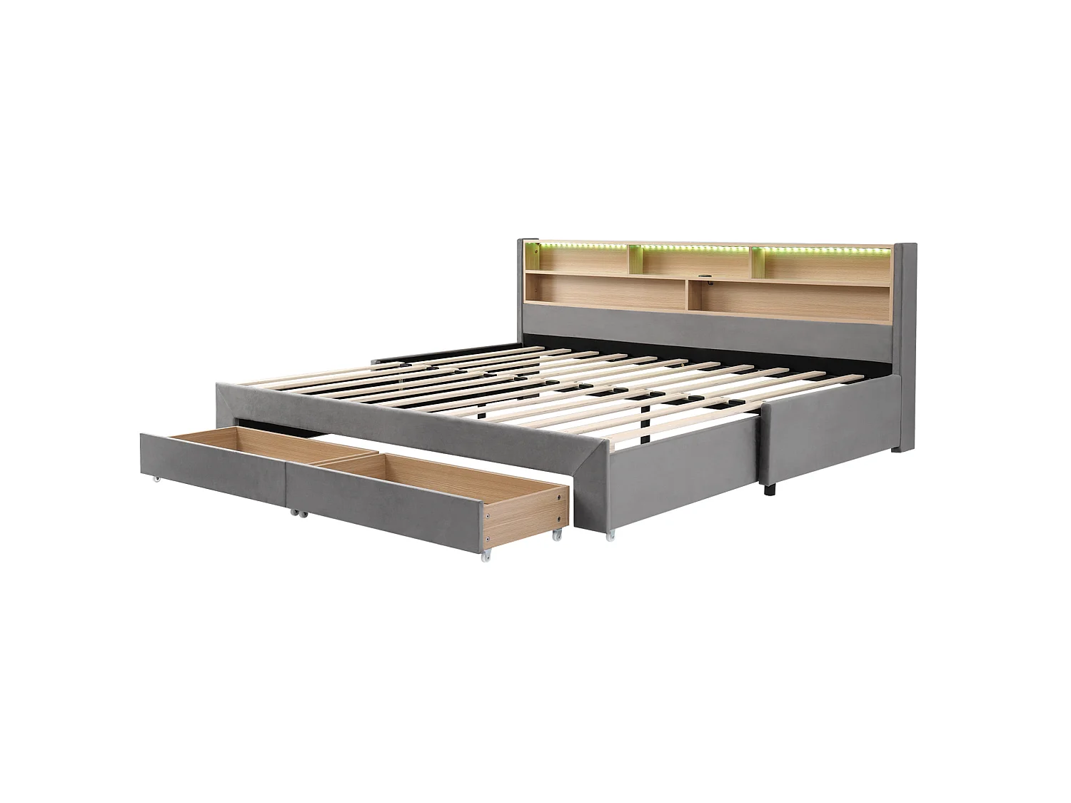 Lit banquette 90 x 200 cm extensible 180 cm - Avec 2 tiroirs et port USB - Velours gris