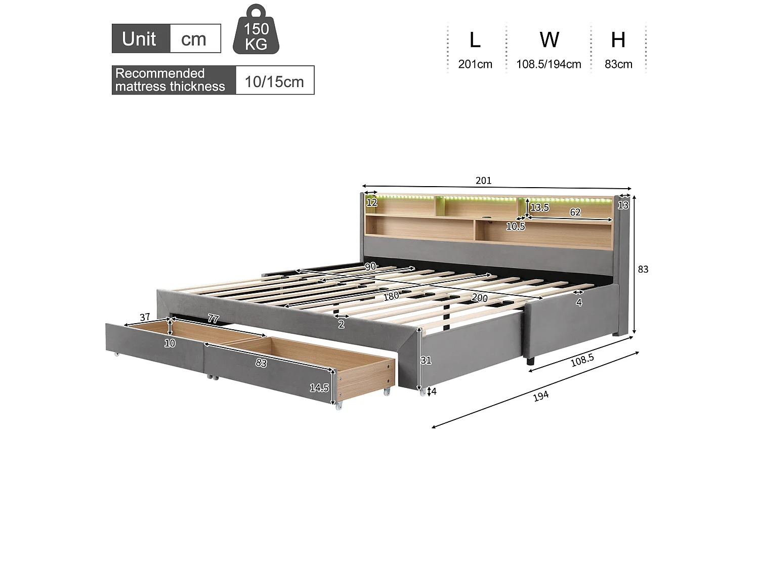 Lit banquette 90 x 200 cm extensible 180 cm - Avec 2 tiroirs et port USB - Velours gris