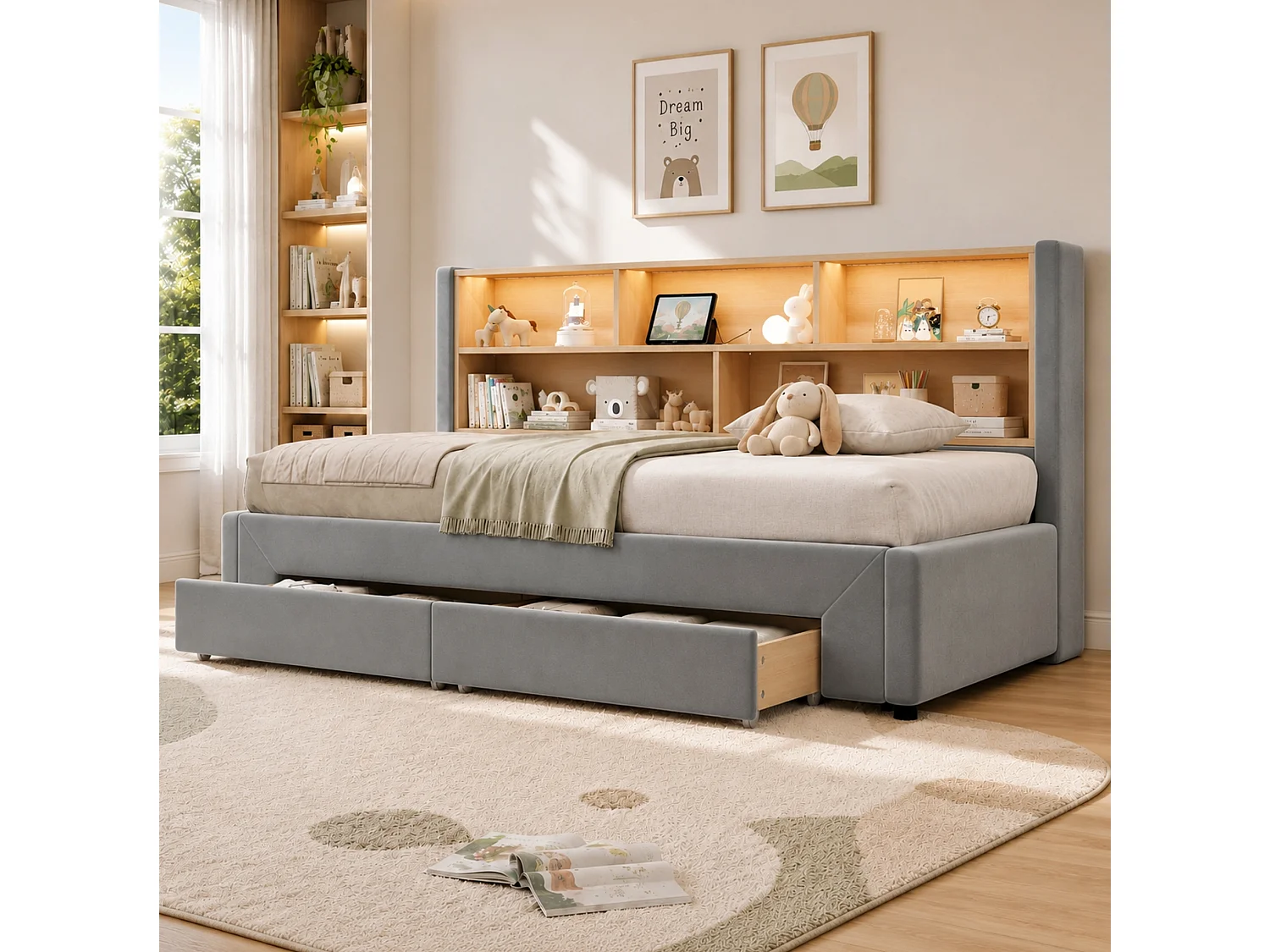 Lit banquette 90 x 200 cm extensible 180 cm - Avec 2 tiroirs et port USB - Velours gris