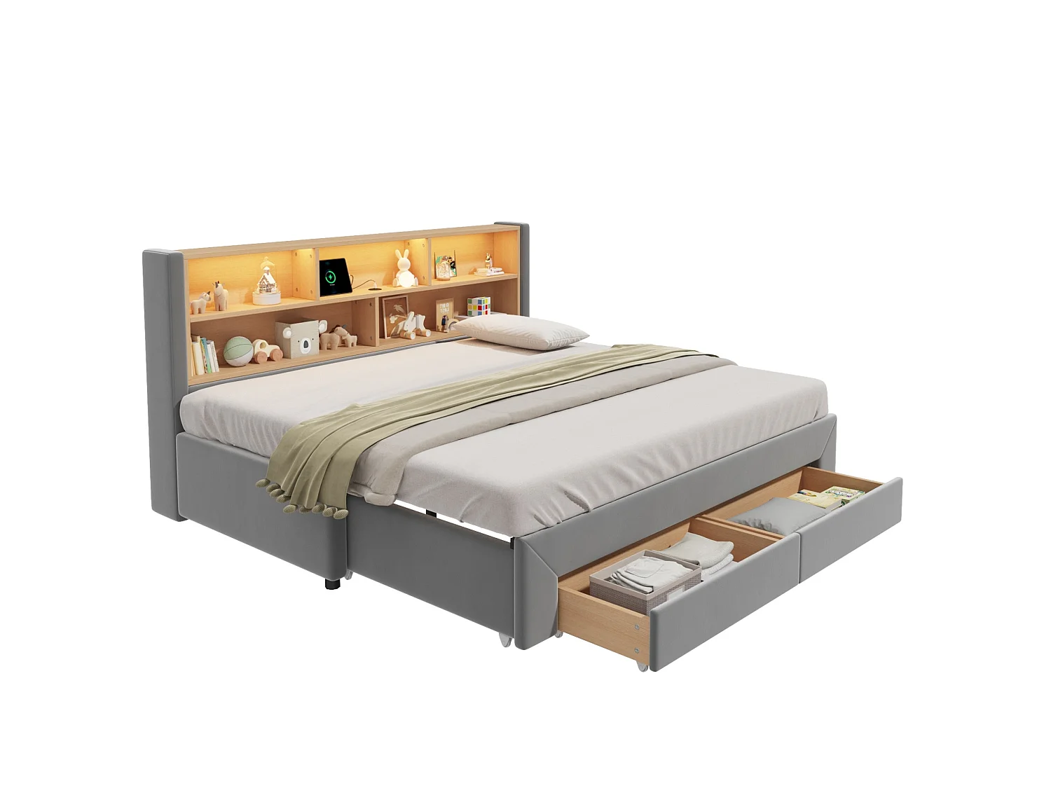 Lit banquette 90 x 200 cm extensible 180 cm - Avec 2 tiroirs et port USB - Velours gris