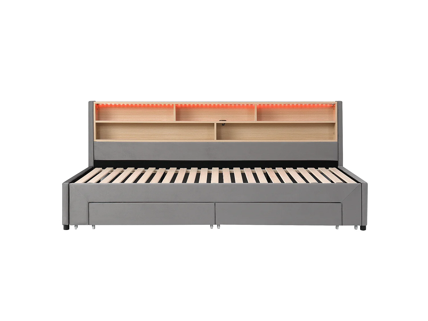 Lit banquette 90 x 200 cm extensible 180 cm - Avec 2 tiroirs et port USB - Velours gris