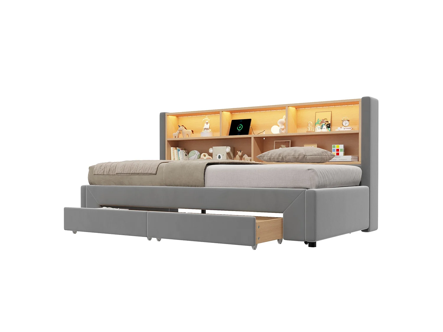 Lit banquette 90 x 200 cm extensible 180 cm - Avec 2 tiroirs et port USB - Velours gris