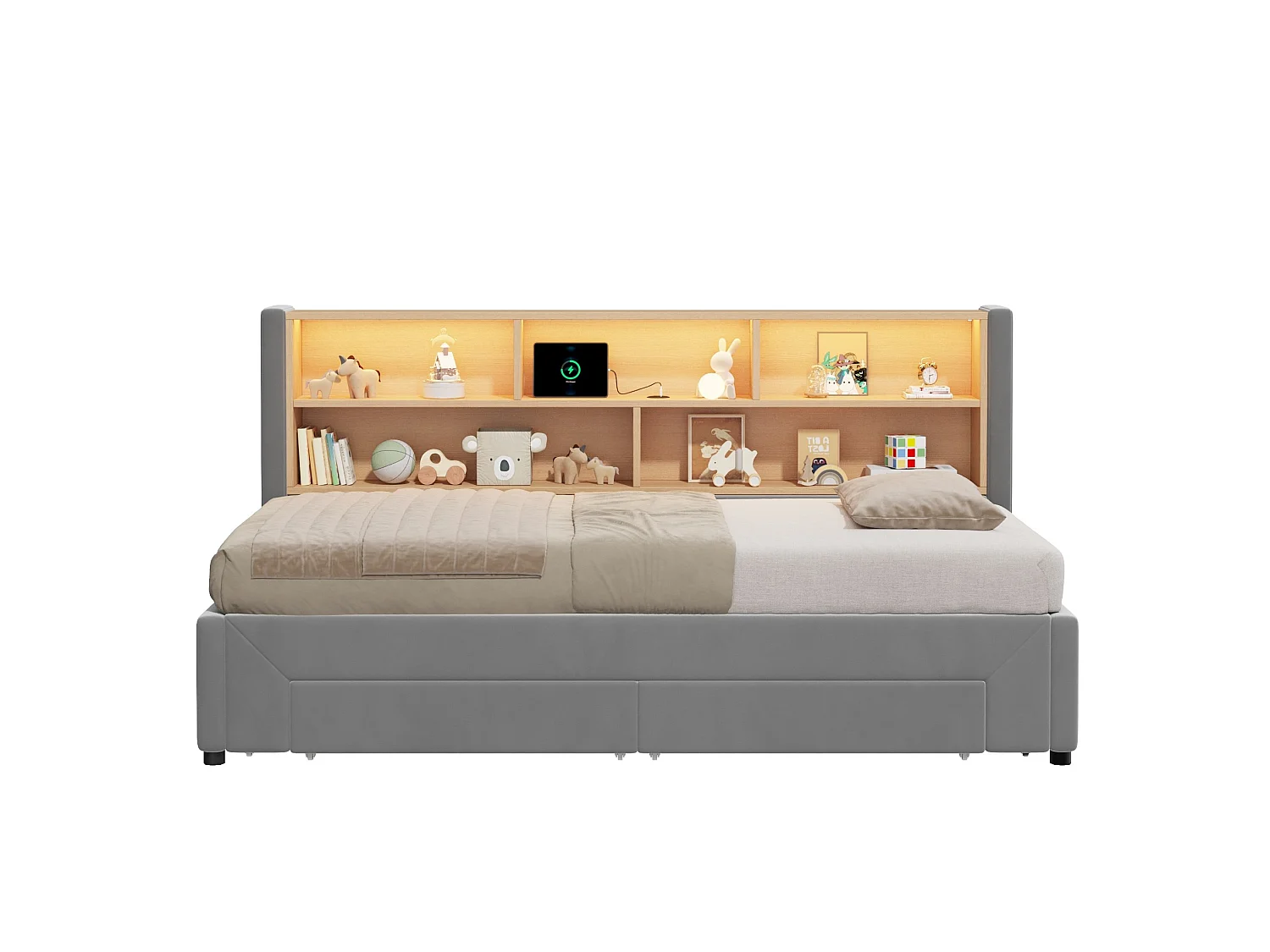 Lit banquette 90 x 200 cm extensible 180 cm - Avec 2 tiroirs et port USB - Velours gris