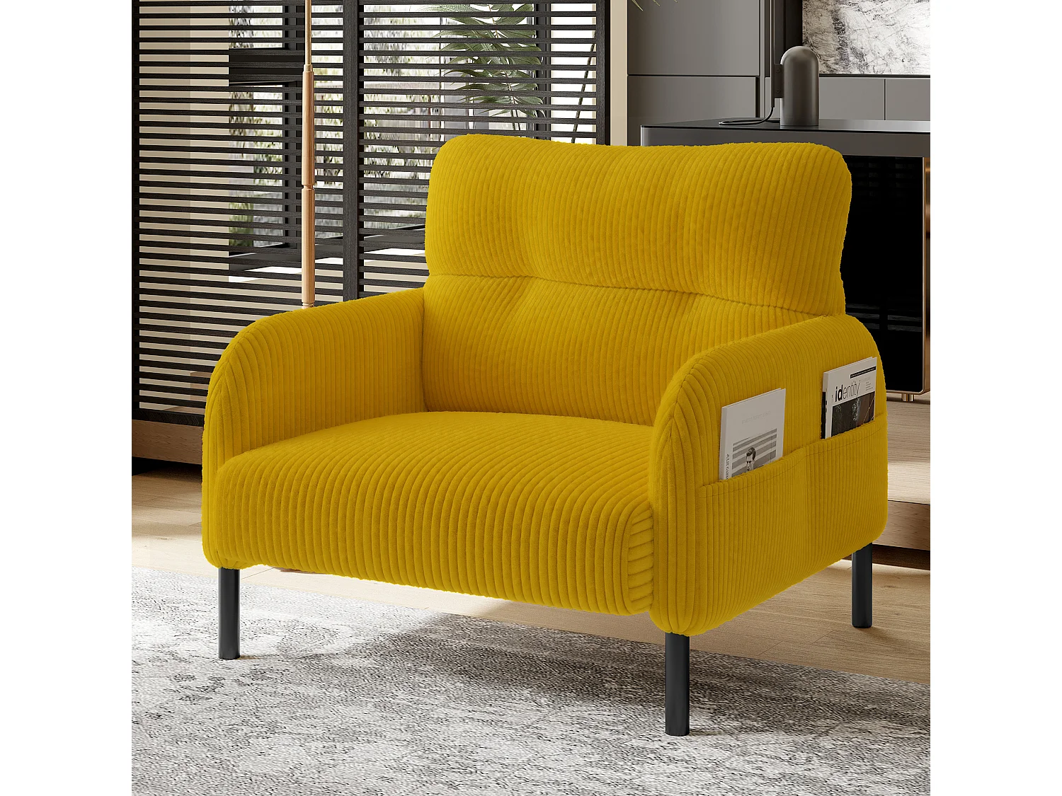 Fauteuil simple en velours côtelé avec poches latérales - Jaune
