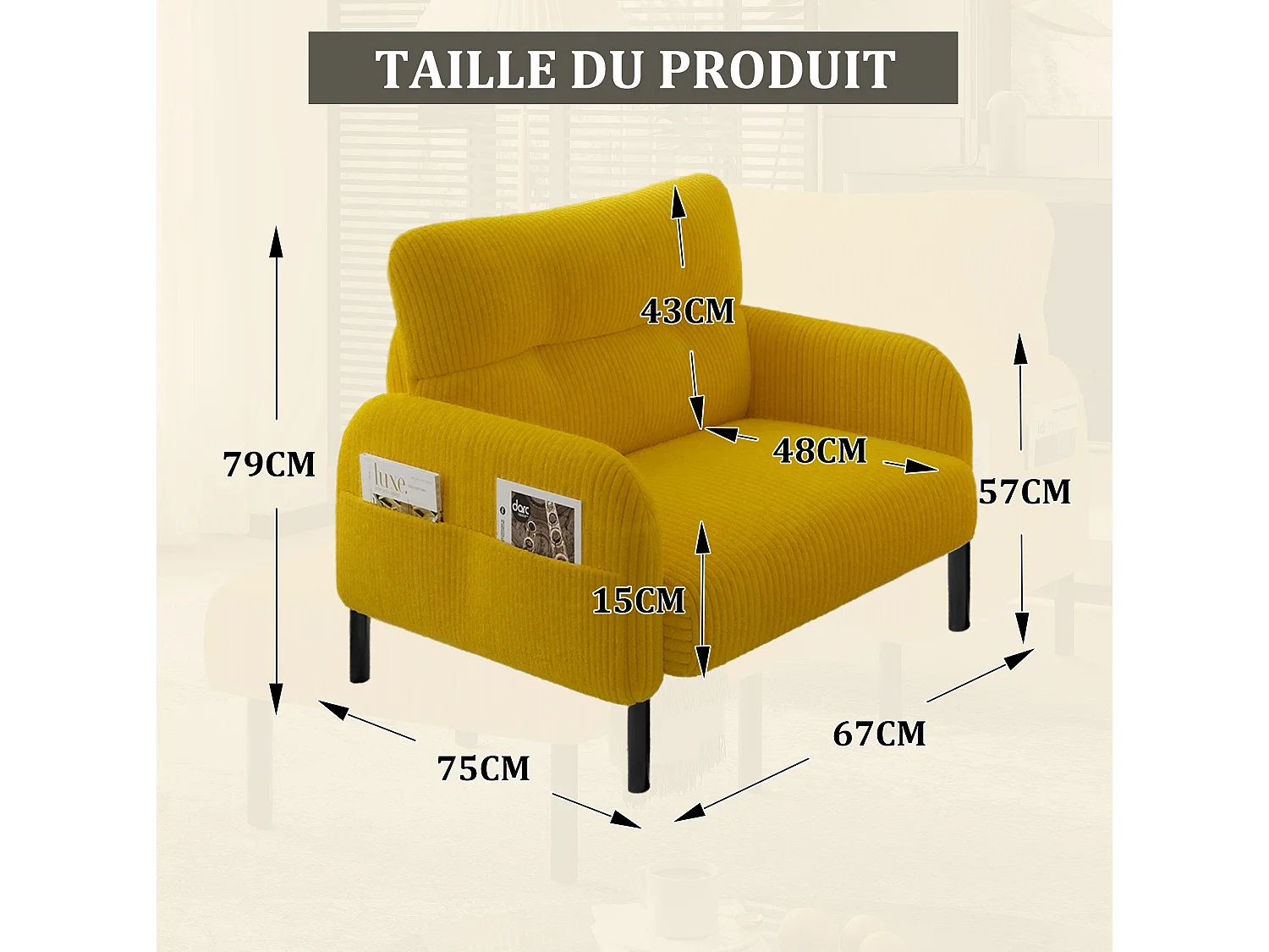 Fauteuil simple en velours côtelé avec poches latérales - Jaune