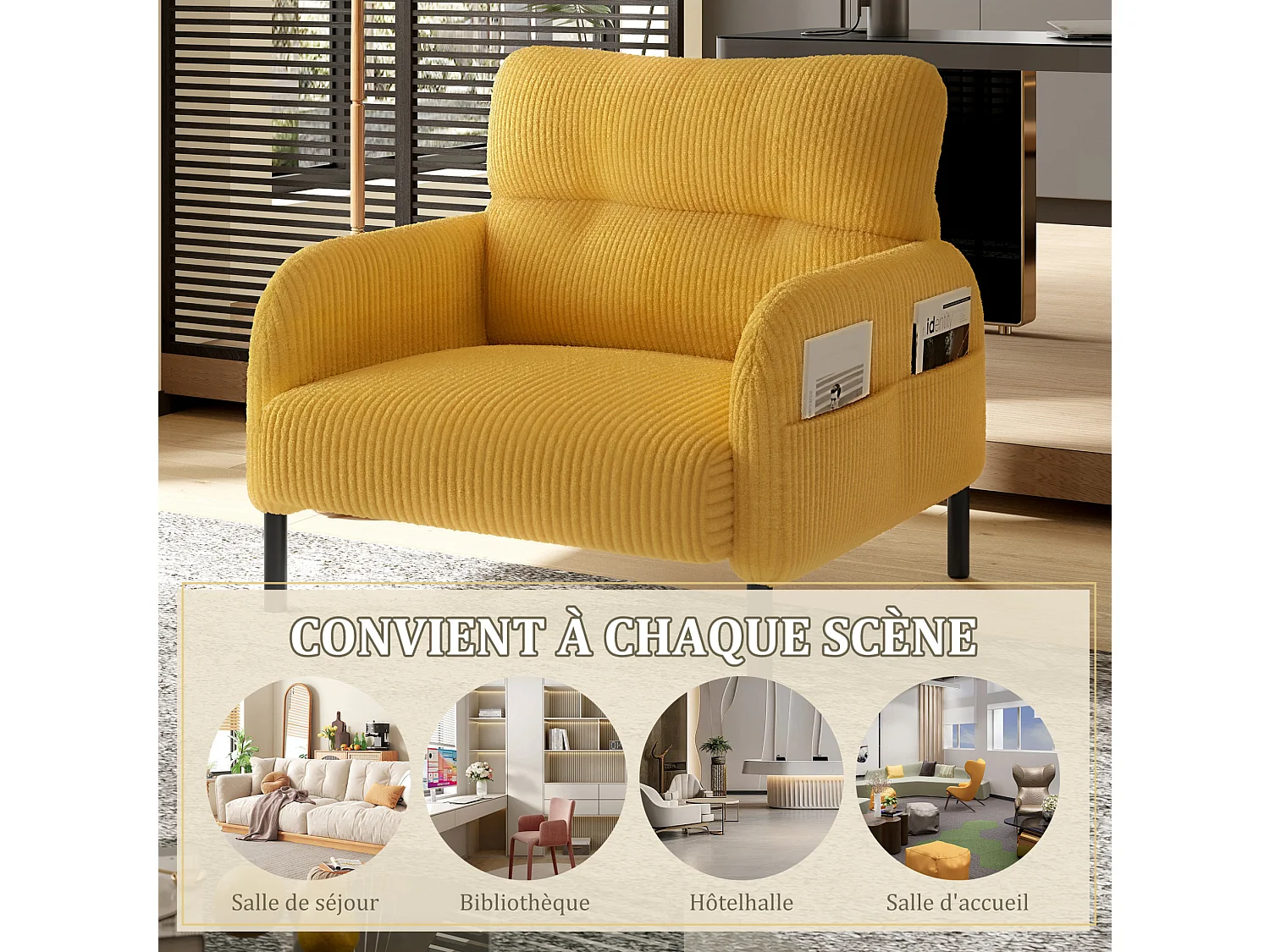 Fauteuil simple en velours côtelé avec poches latérales - Jaune
