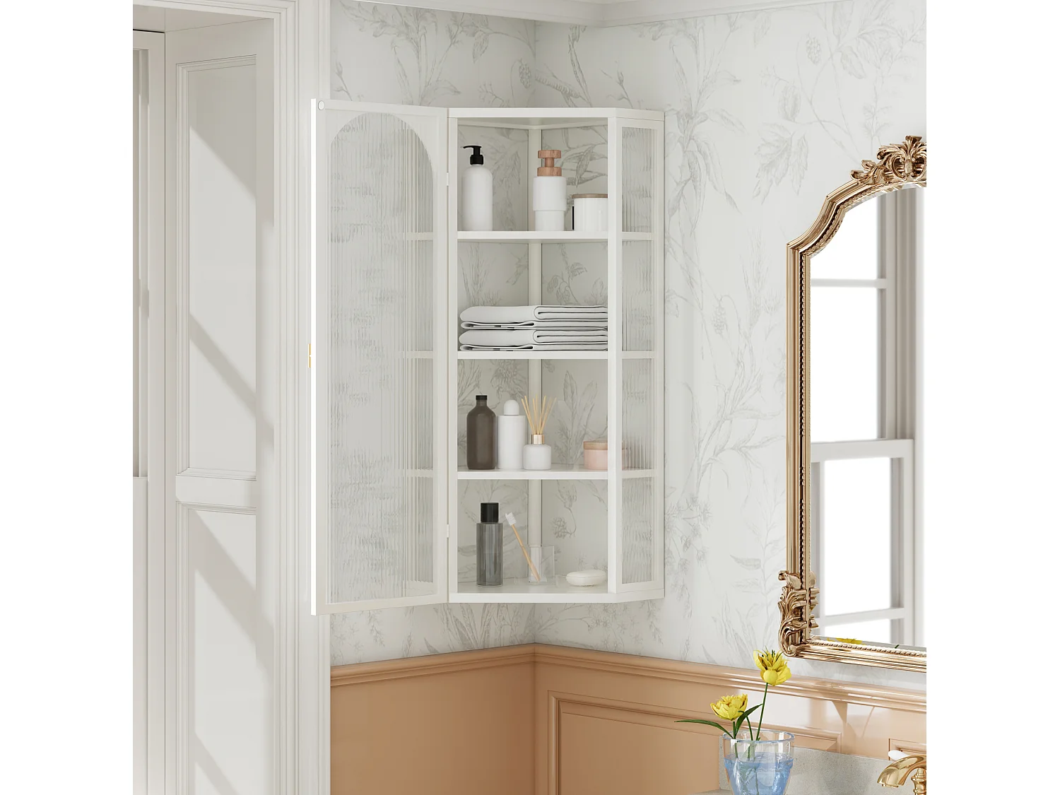 Driehoekige glazen wandkast, H 105 cm – Zonder achterwand – Wit