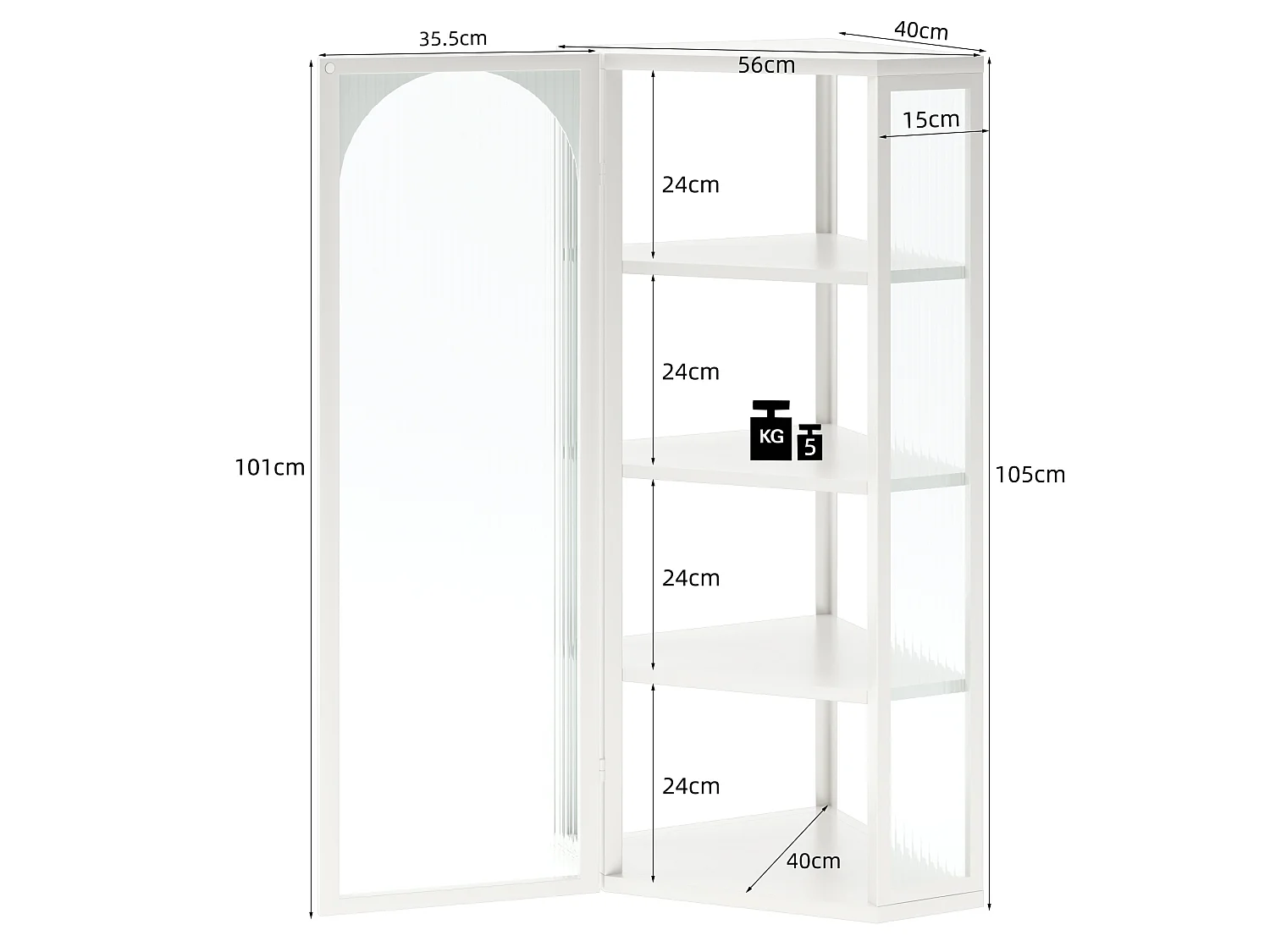 Driehoekige glazen wandkast, H 105 cm – Zonder achterwand – Wit
