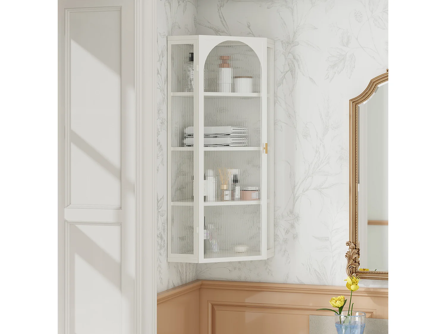 Driehoekige glazen wandkast, H 105 cm – Zonder achterwand – Wit