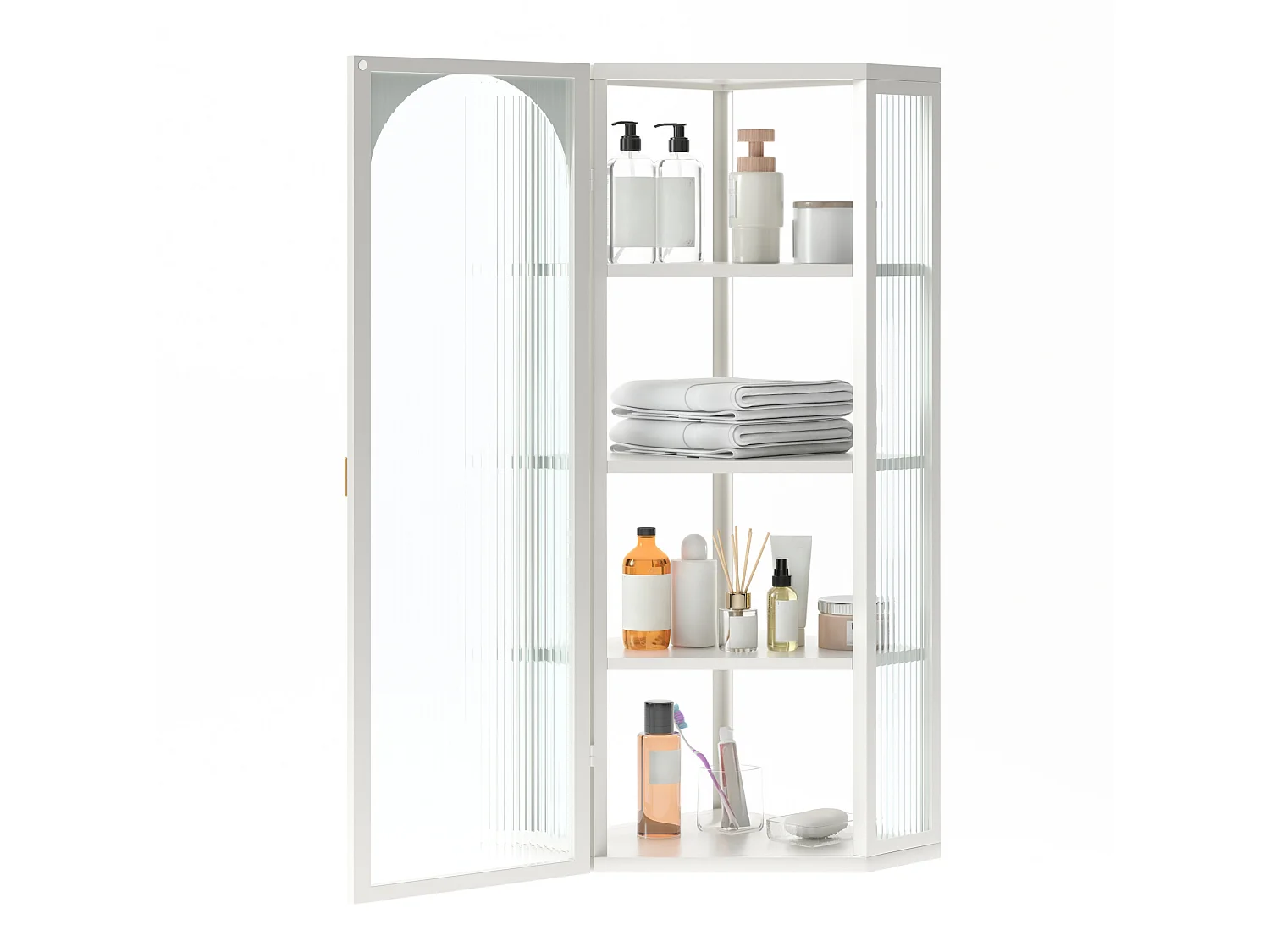 Driehoekige glazen wandkast, H 105 cm – Zonder achterwand – Wit