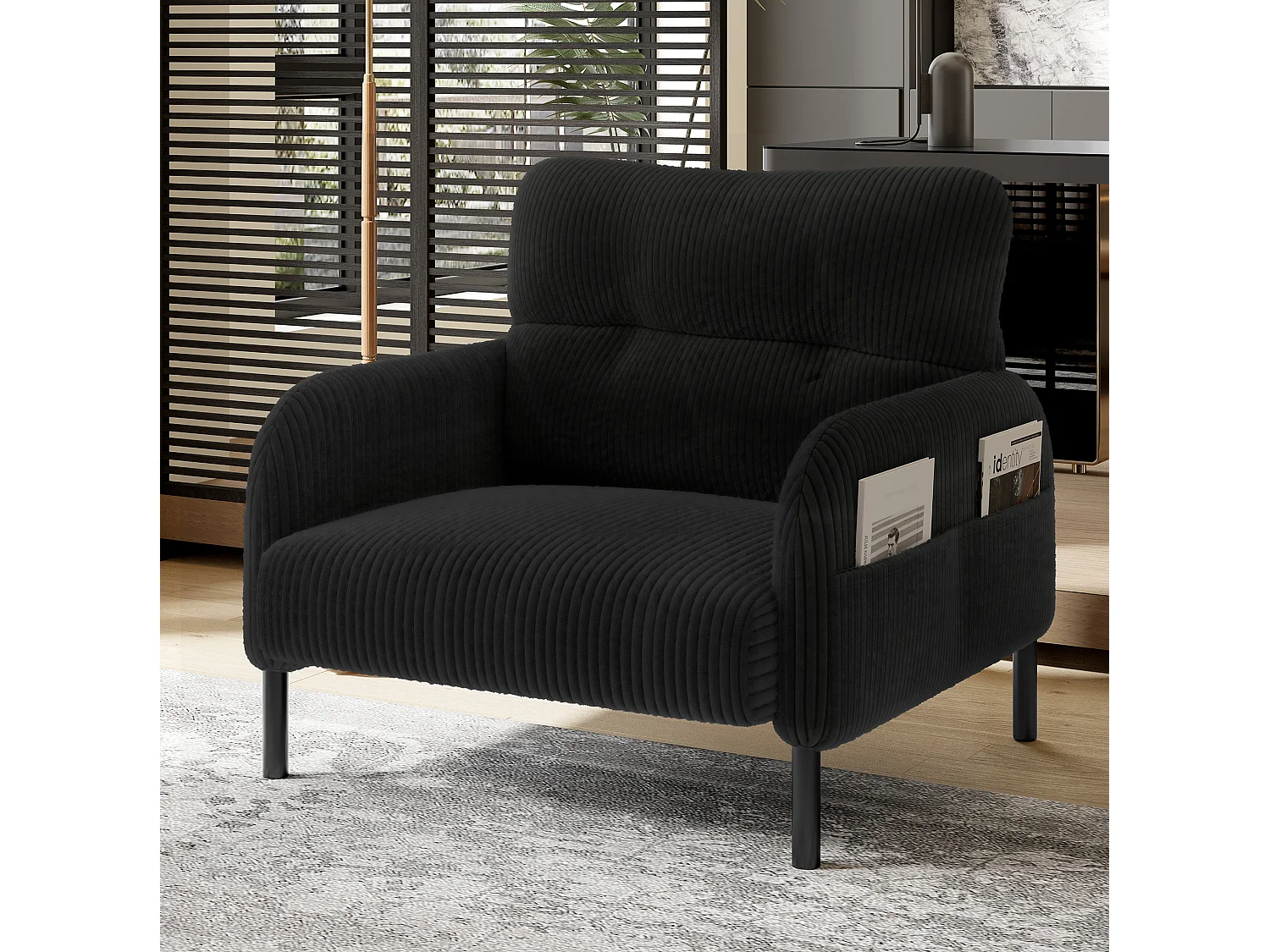 Fauteuil simple en velours côtelé avec poches latérales - Noir