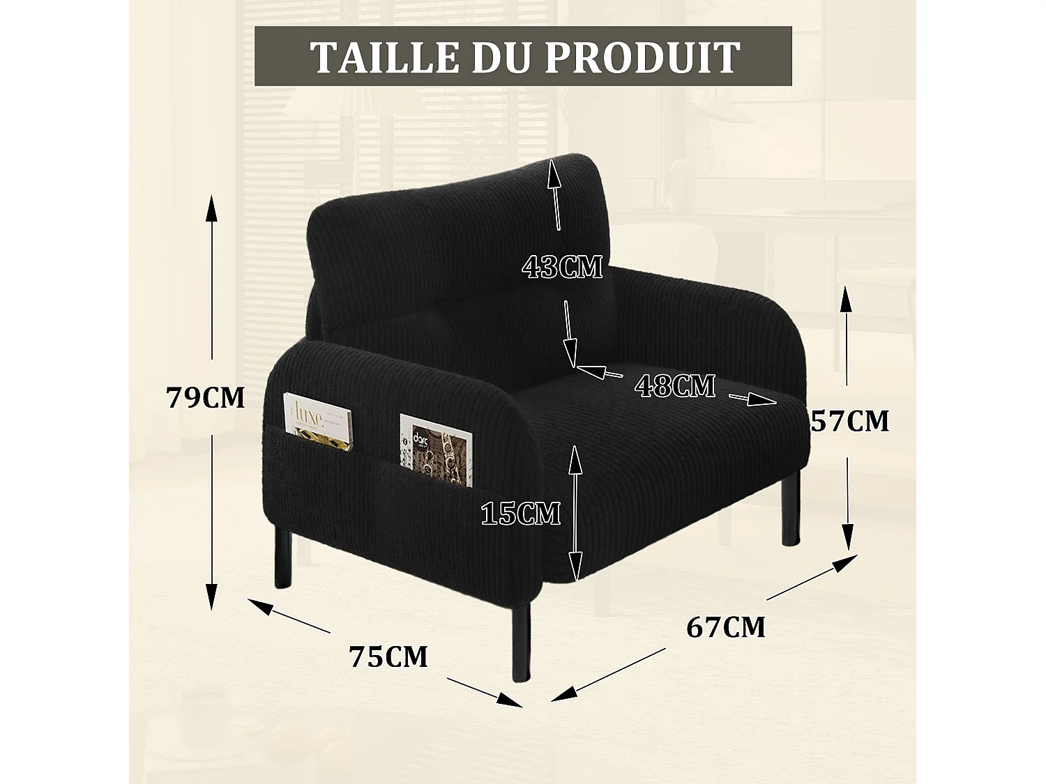 Fauteuil simple en velours côtelé avec poches latérales - Noir