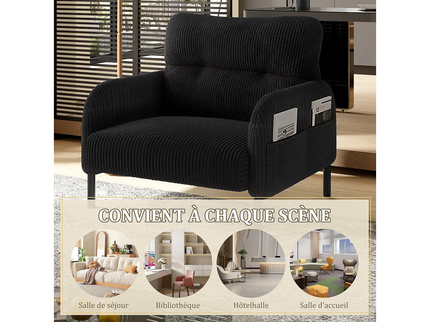Fauteuil simple en velours côtelé avec poches latérales - Noir