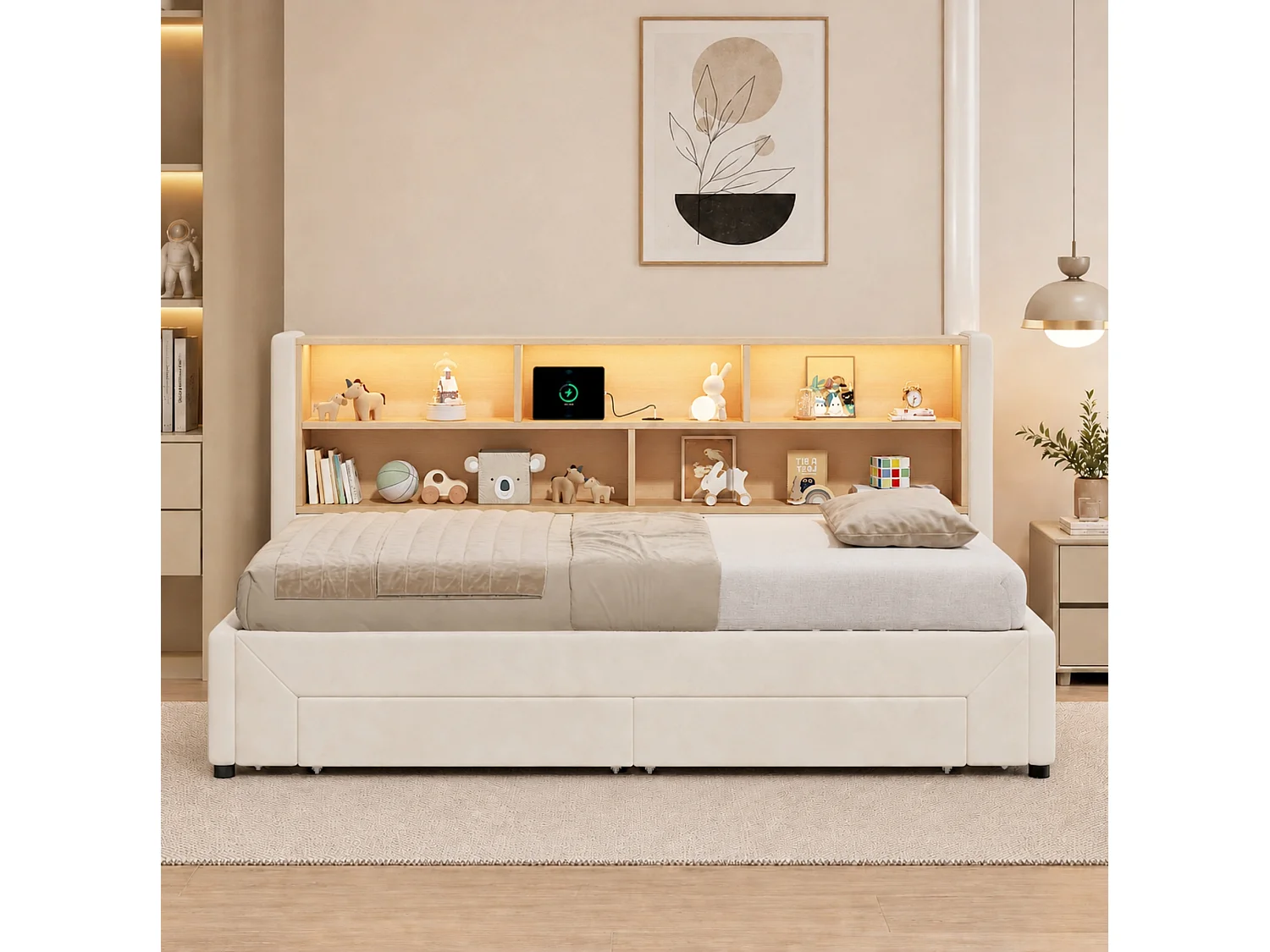 Lit banquette 90 x 200 cm extensible 180 cm - Avec 2 tiroirs et port USB - Velours beige