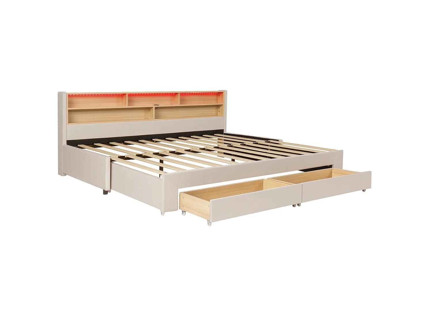 Lit banquette 90 x 200 cm extensible 180 cm - Avec 2 tiroirs et port USB - Velours beige