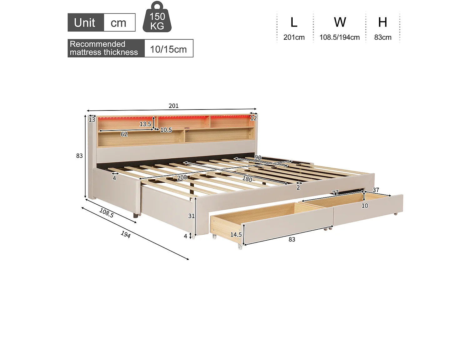 Lit banquette 90 x 200 cm extensible 180 cm - Avec 2 tiroirs et port USB - Velours beige