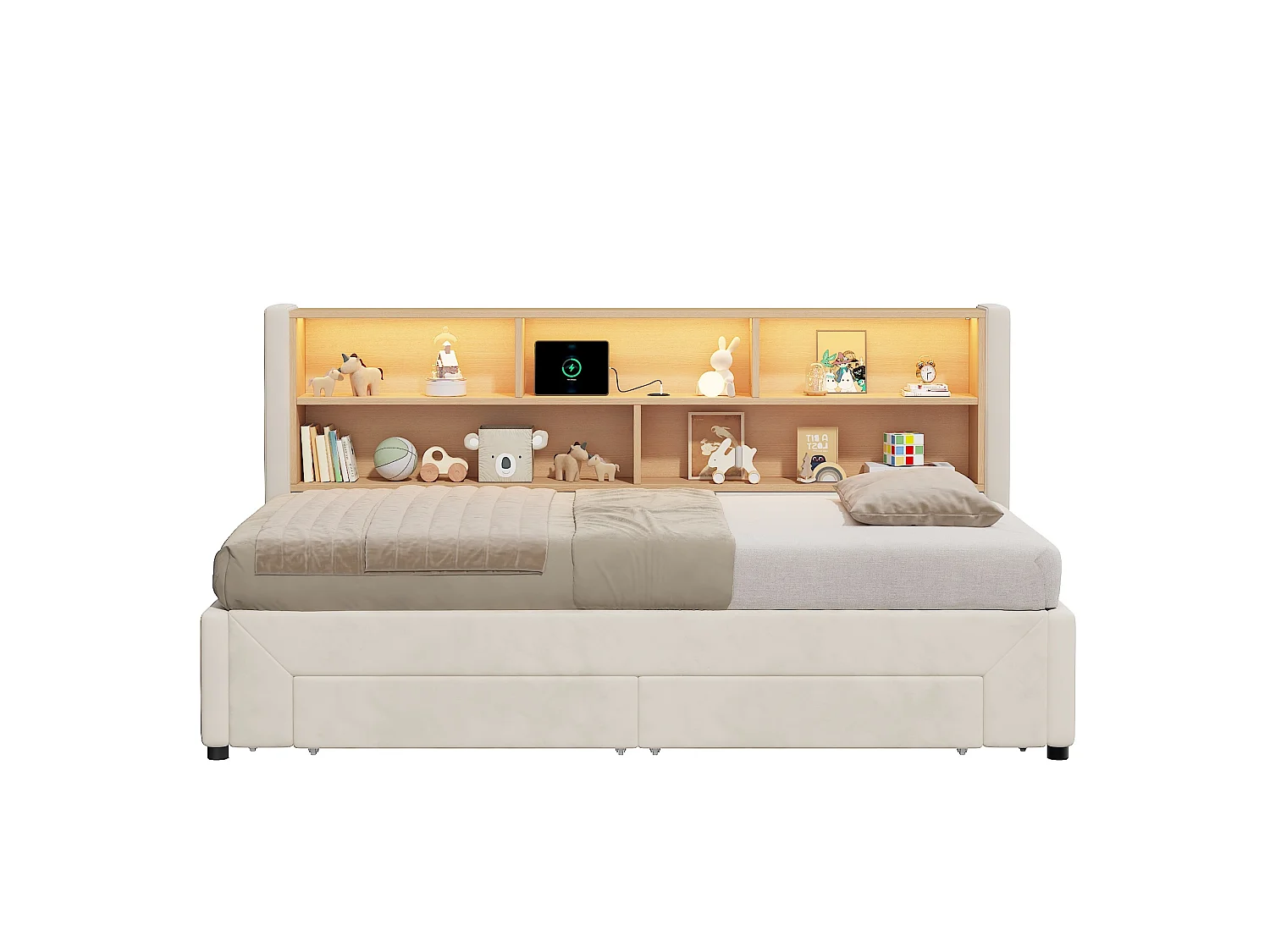 Lit banquette 90 x 200 cm extensible 180 cm - Avec 2 tiroirs et port USB - Velours beige
