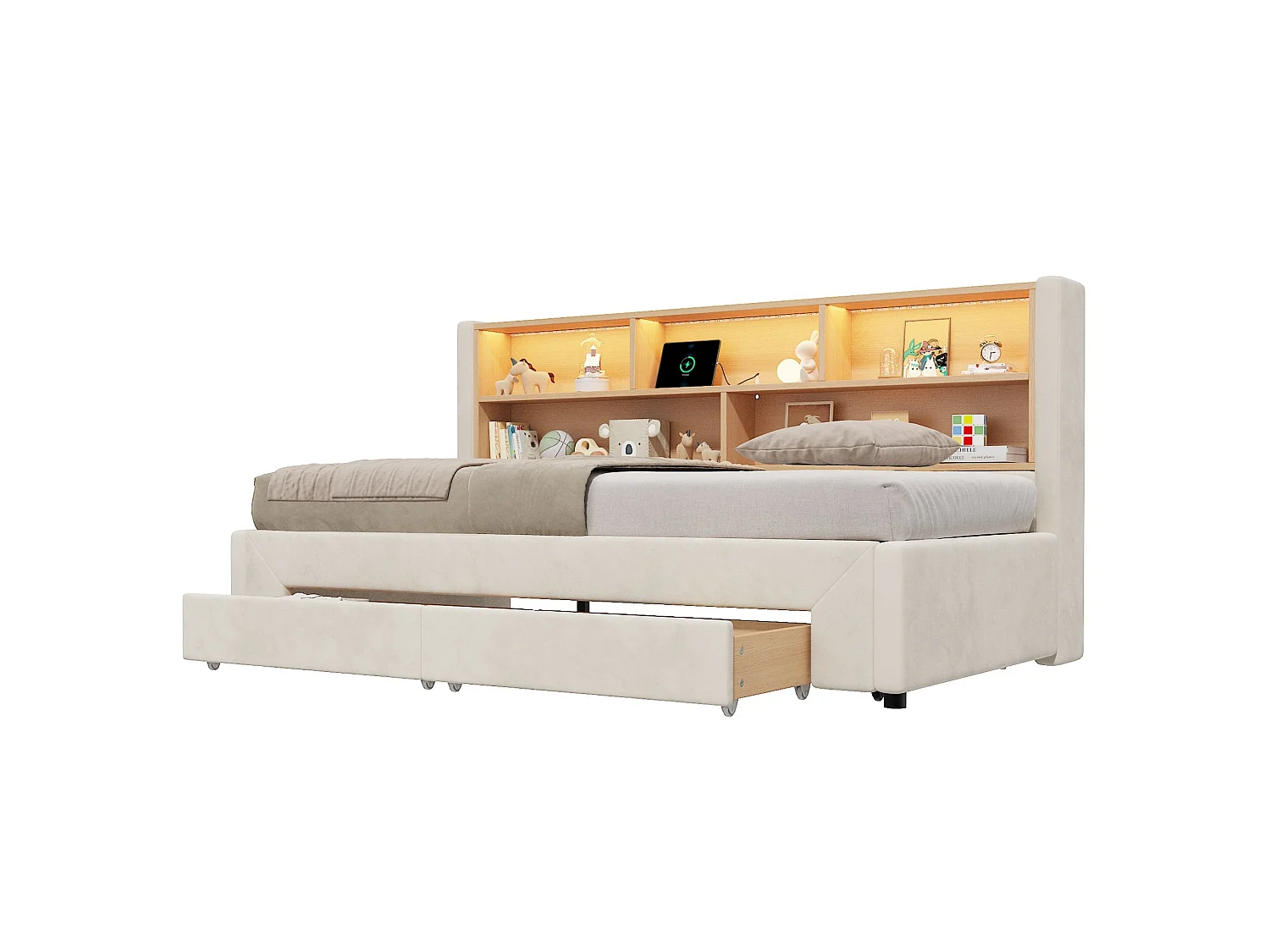 Lit banquette 90 x 200 cm extensible 180 cm - Avec 2 tiroirs et port USB - Velours beige
