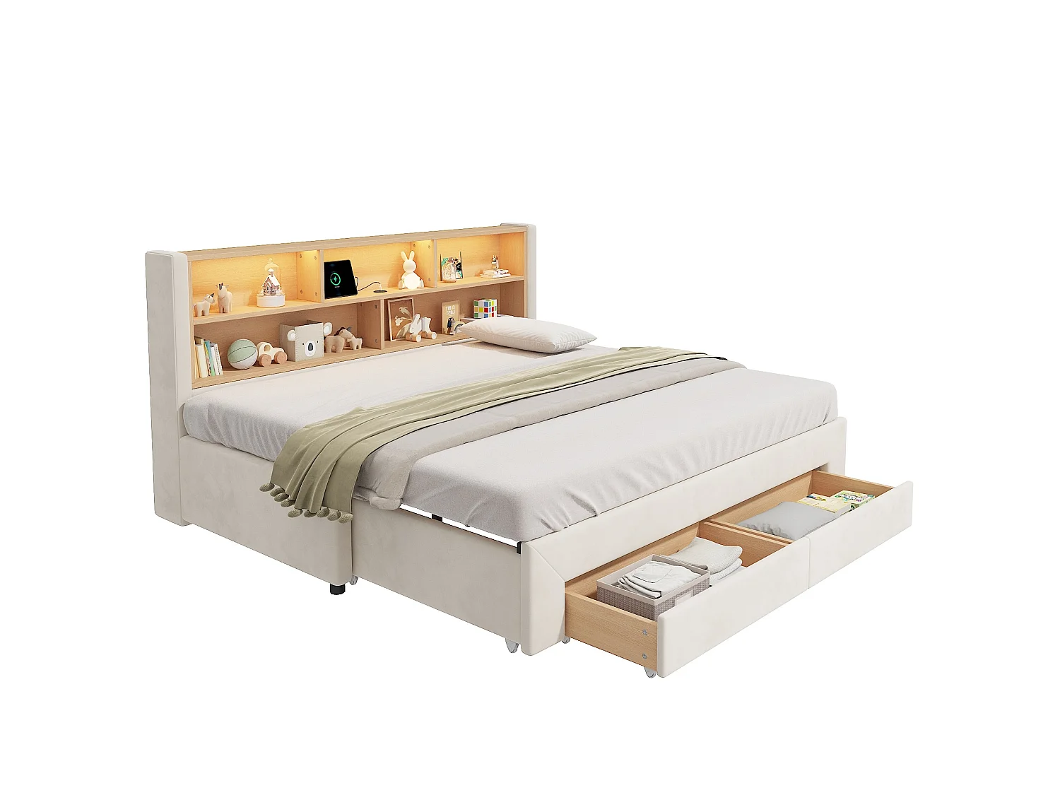 Lit banquette 90 x 200 cm extensible 180 cm - Avec 2 tiroirs et port USB - Velours beige