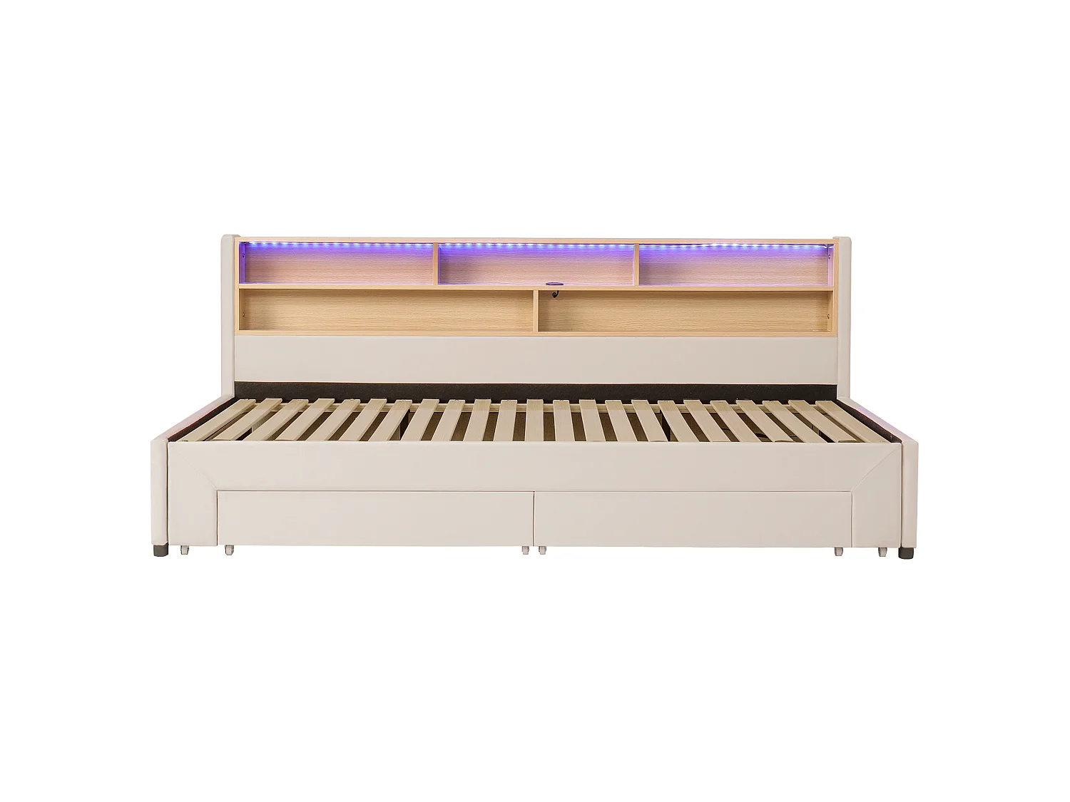 Lit banquette 90 x 200 cm extensible 180 cm - Avec 2 tiroirs et port USB - Velours beige