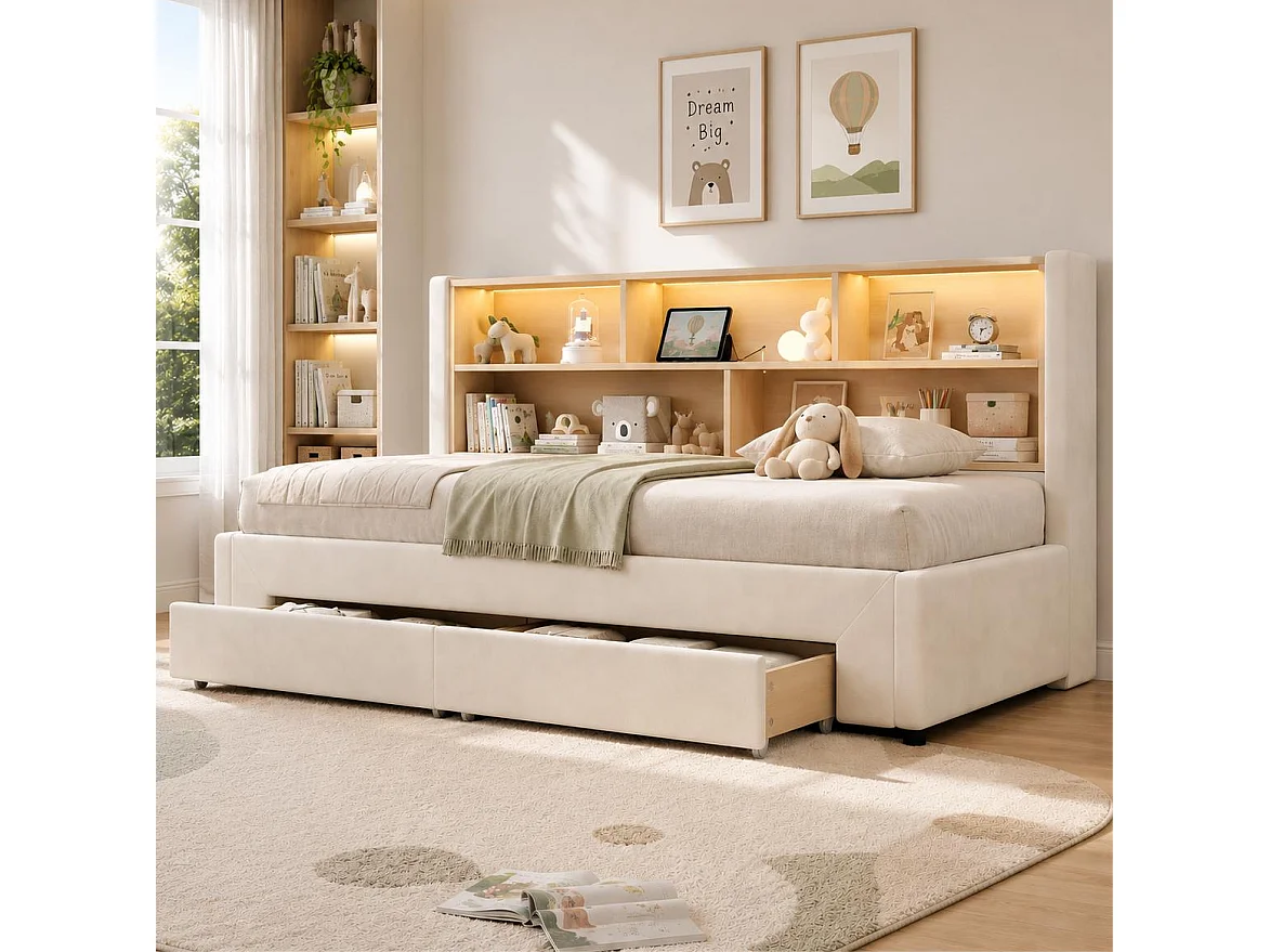 Lit banquette 90 x 200 cm extensible 180 cm - Avec 2 tiroirs et port USB - Velours beige