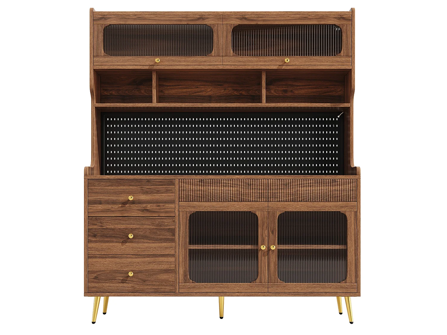 LED-keukenkast met geperforeerd paneel, 5 lades en planken - Bruin