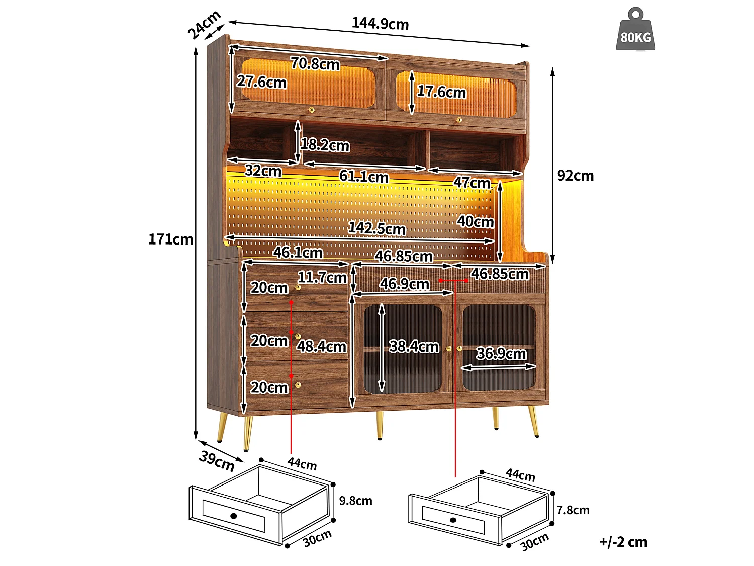 LED-keukenkast met geperforeerd paneel, 5 lades en planken - Bruin