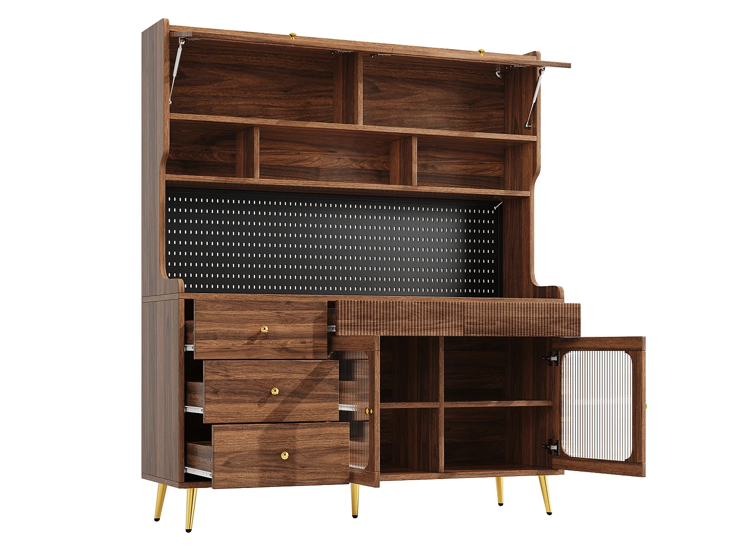 LED-keukenkast met geperforeerd paneel, 5 lades en planken - Bruin