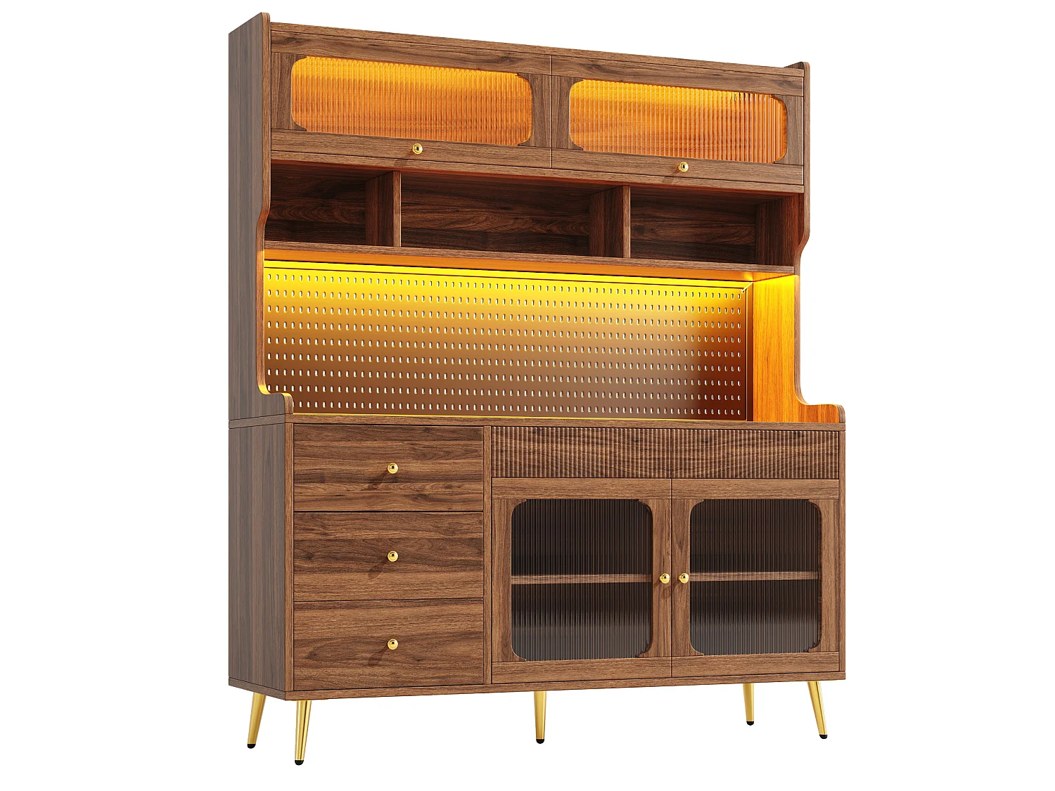 LED-keukenkast met geperforeerd paneel, 5 lades en planken - Bruin