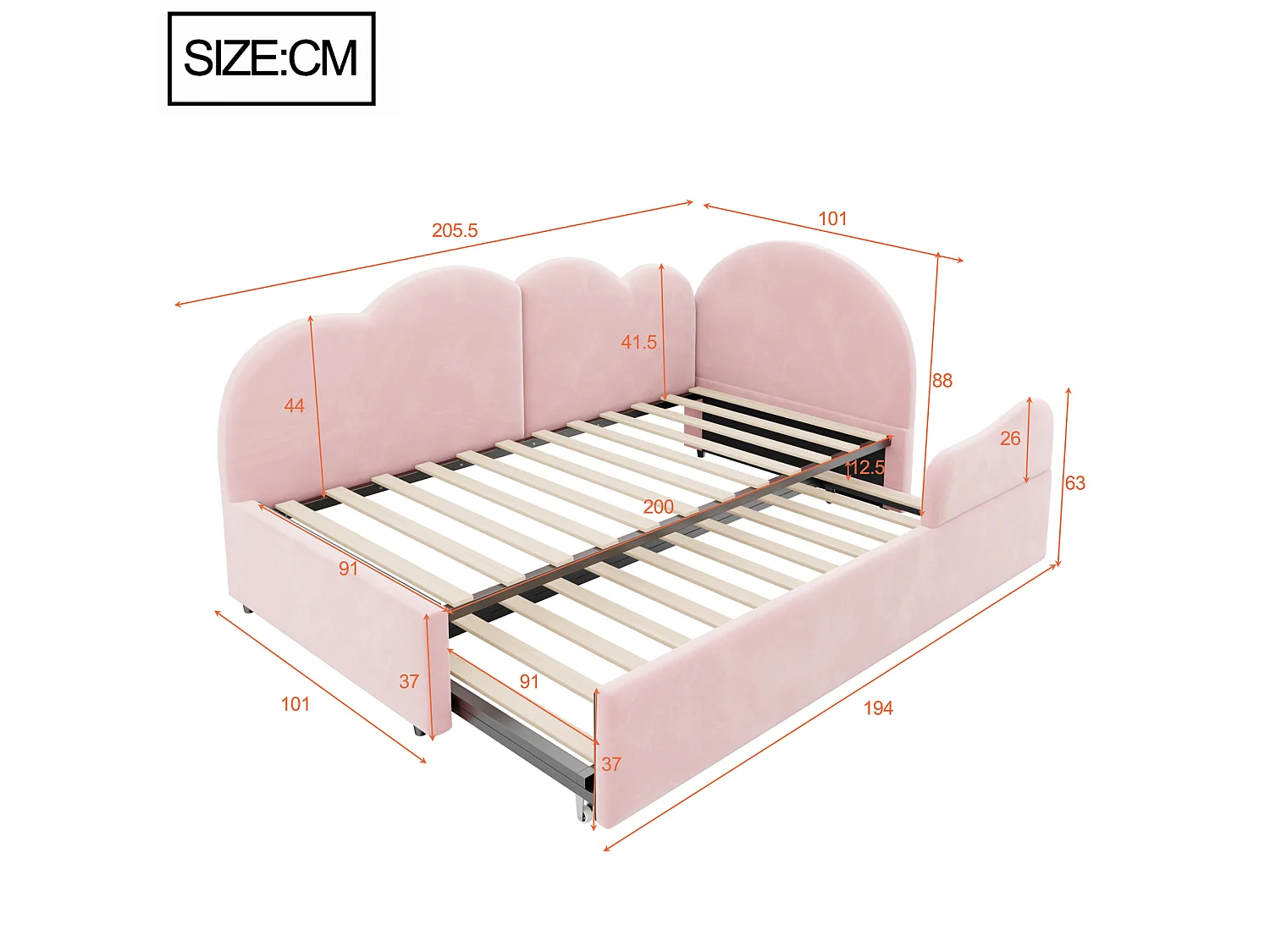 Lit banquette extensible 90 x 200 cm et 90 x 190 cm - Velours rose