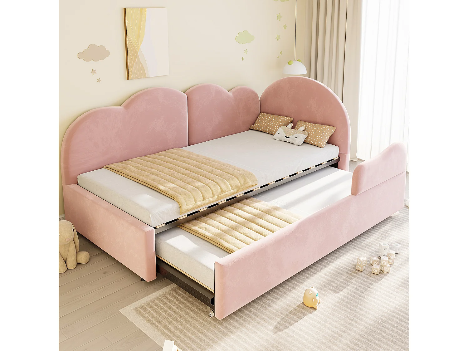 Lit banquette extensible 90 x 200 cm et 90 x 190 cm - Velours rose