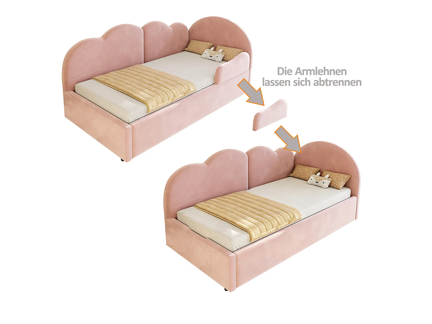 Lit banquette extensible 90 x 200 cm et 90 x 190 cm - Velours rose