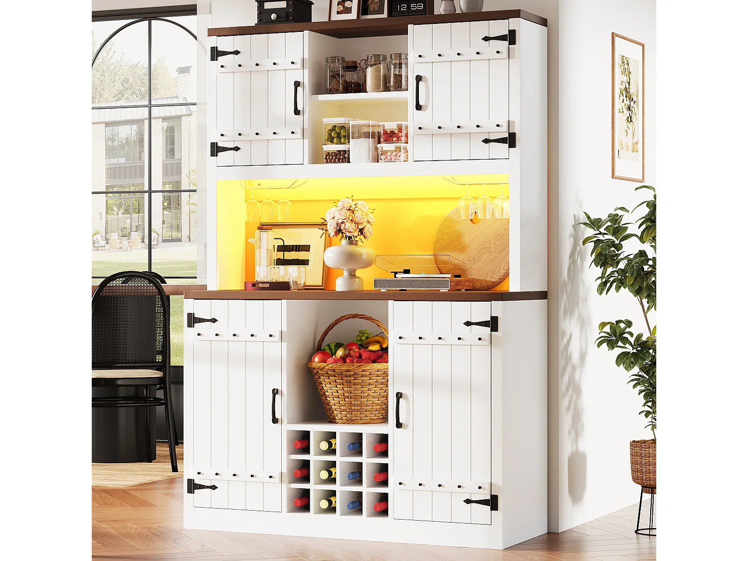 Buffet de cuisine avec LED, 4 portes et casier à bouteilles de vin - Blanc